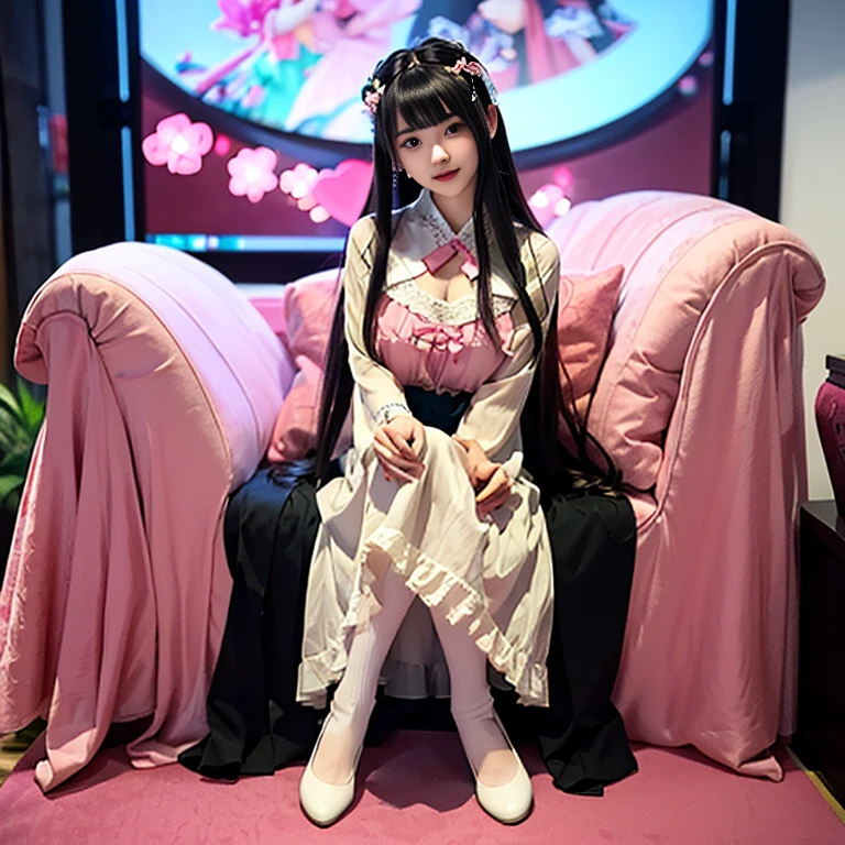 best quality, masterpiece, lifelike, 1 girl, alone, eternal, black hair, Long curly hair, blunt bangs, Smile, pink skirt, pink ta dress, layered skirt, Lolityle long skirt,分層連衣裙 lace-trimmed 裙子, decorate, lace, long sleeve, puff sleeves, wide sleeves, Transparent sleeves, hair accessories, 在flower园里, flower, Detailed background, delicate face,pink blush,white及膝襪, Pink shoes,cold,Lots of lace,((masterpiece))、(top quality)、8K、high detail、super detailed、 21 years old female,穿着pink lolita d((dreamy atmosphere:1.1))、Seductive and whimsical style、masterpiece、born、Scenes resembling fairy tale illustrations、intricate details展示了洛丽塔礼服的荷叶边和复杂的设计、capricious、 beautifully、Dream aesthetics、「𝓡𝓸𝓶𝓪𝓷𝓽𝓲𝓬、ethereal、charming、fickle、magic」、realism、Visual effects、FXAA、SSAO、shader、voiceless、environmental lighting、Tone mapping、High resolution、ultra high definition、megapixel、(8K resolution:1.10)、8K、8K resolution、high detail、intricate details、 (high quality:1.2、masterpiece:1.2、:1.21)、(21 years old female:1.21)、(興奮地Smile)、(Surrounded by the dreamy atmosphere of an amusement par色洛丽塔连衣裙、Her eyes were full of surprise and joy、I took a lot of geek photos、High heel、Model diagram,full-body shot,Knee-high white的 lace socks,Sweet Lolita,Normafeet,Pink shoes,Baotou shoes,full-body shot,不要exposed你的手指,Emphasize the volume of the skirt,exposed,huge breasts,white,The skirt flew up,low cut,exposed,hair accessories,big skirt dress,If you shoot from a certain angle you can see my panties,permanent,The skirt floated up