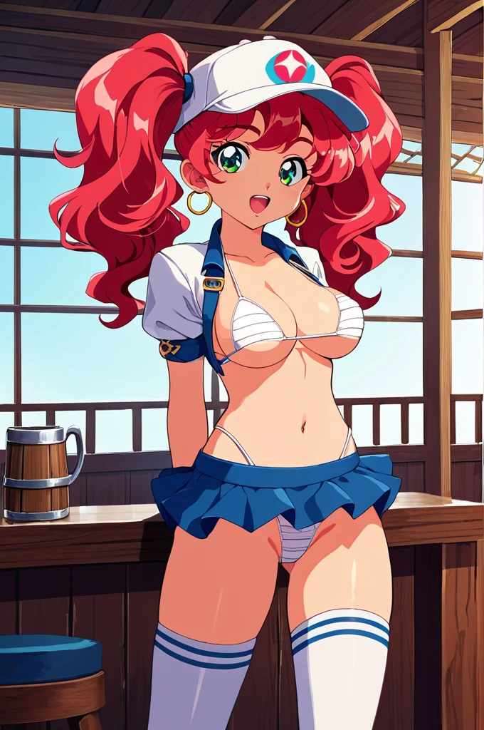 score_9, score_8_up, score_8, source_anime, fantasy theme, retro anime style, 1girl, intricate high detailed, (li_face:1.0), red hair, hair intakes, twintails, wavy hair, cap, green eyes, large breasts, perky breasts, light smile, open mouth, see-through lace bikini armor, mini skirt, thong, colored inner hair, hoop earrings, arm bandages, thighhighs, sexy pose, cowboy shot, indoors, tavern