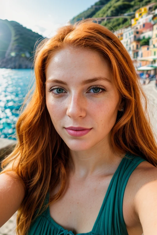 (selfie, plan: 1.4) Photo brute, portrait photo, A close-up portrait of a stunning ginger woman in cinque terre, yeux verts, joli, Facing the camera, 8k euh, DSLR, soft lighting, high quality, grain de film, Fujifilm XT3