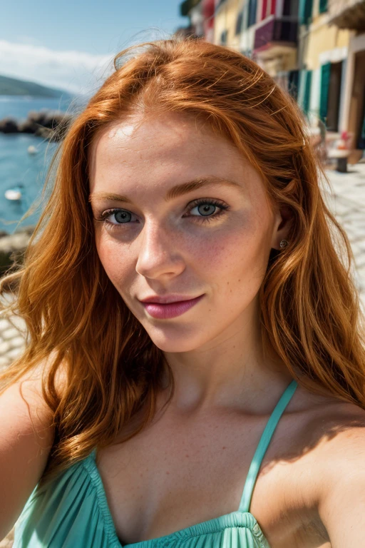 (selfie, plan: 1.4) Photo brute, portrait photo, A close-up portrait of a stunning ginger woman in cinque terre, yeux verts, joli, Facing the camera, 8k euh, DSLR, soft lighting, high quality, grain de film, Fujifilm XT3