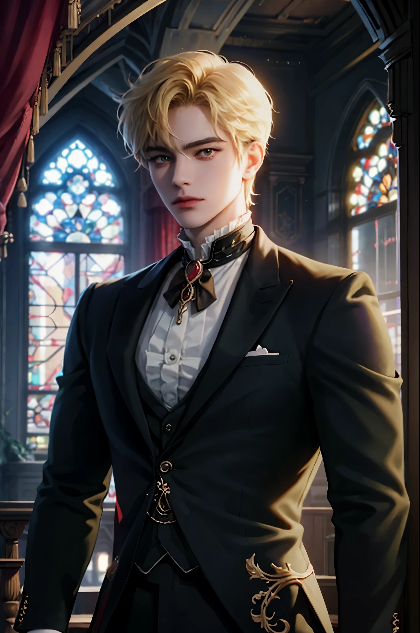 masterpiece, best quality, 1man, adult, male focus, solo, blonde hair, vibrant red eyes, looking at viewer, closed mouth, cantarella, Fantasy aesthetics, Highly detailed, casual style, Victorian mansion background , beside the window