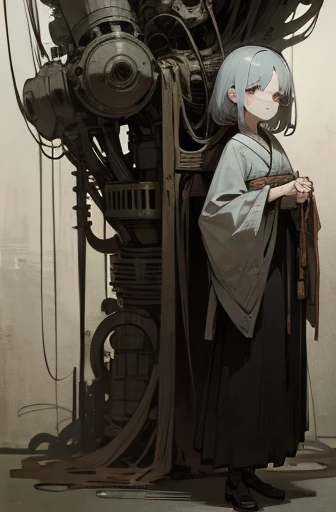 ((girl tied to a machine)), scribble, nightmare, doll-like face, cartoon style, rough sketch, , (masterpiece), (High resolution), (super delicate), (clear), Comic book style illustrations,(Horror elements), Japanese painting illustration, full body,(snap shot),crazy illustration, antique, dark atmosphere, flat illustration, creepy appearance, Characteristic hairstyle, creative accessories, Unique atmosphere、
