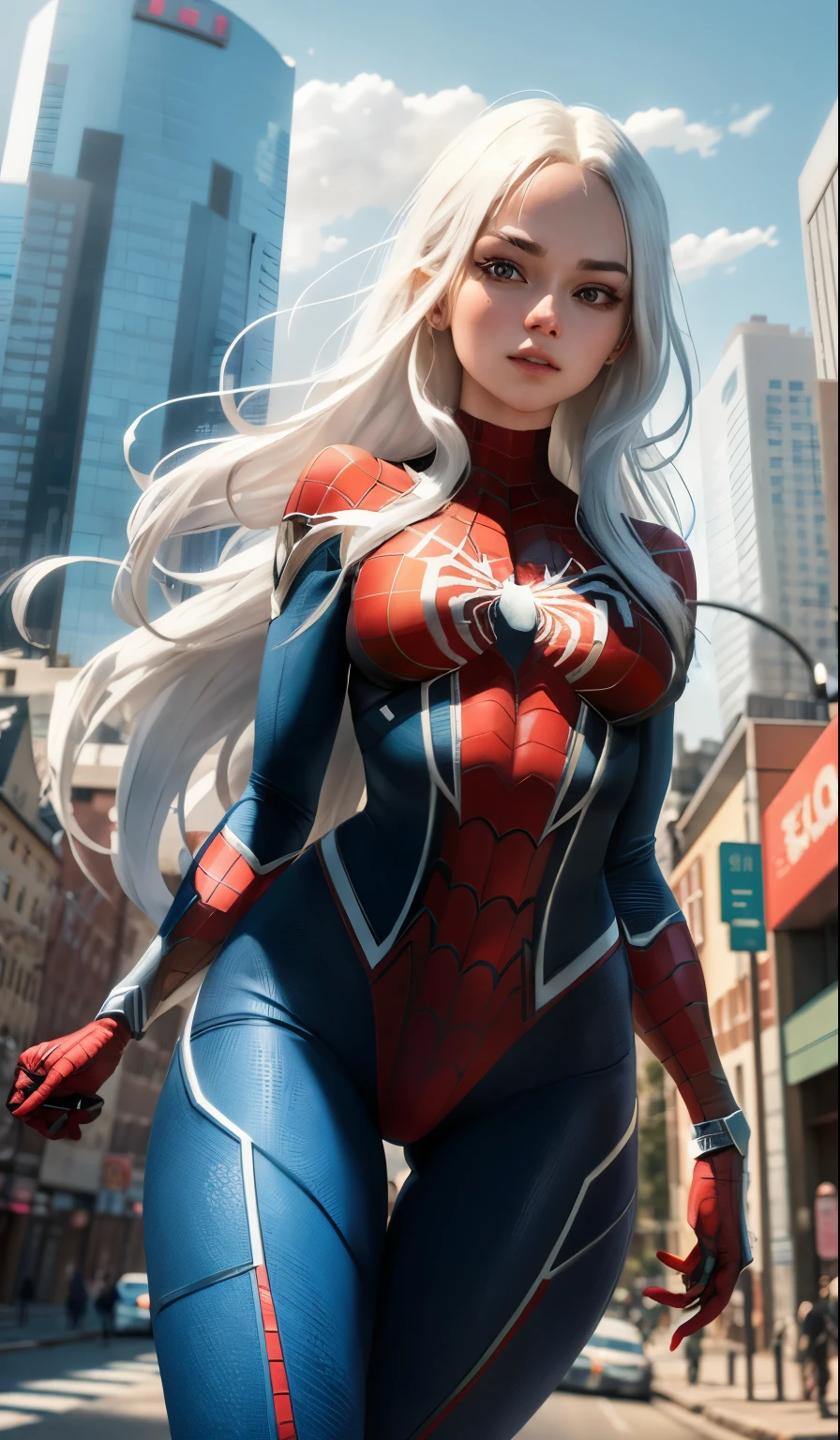 4K, actual, Attractive, Very detailed, top city has a girl, Wearing people&#39;s clothing, She is a hero, white superhero theme, long white hair, 25 years old, whole body