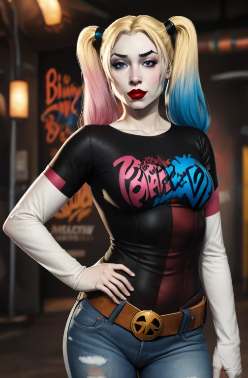 harley quinn, 1girl, solo, twintails, blonde hair, multicolored hair, blue eyes, pink hair, standing, black t-shirt, white shirt, blue jeans, belt, lipstick, large breasts