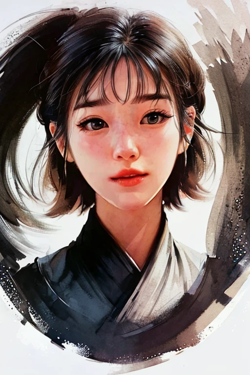 roof,(white background:1.4), ((tachi-e)), original,(illustration:1.1),(best quality),(masterpiece:1.1),(Highly detailed CG Unity 8k wallpaper:1.1), (fancy:0.9),(Panoramic Shots:1.4),(alone:1.2), (Ink splashes),(color splashing),((Watercolor)), Sharp and sharp focus,{ 1 girl standing },((Korean style )),Flower background,outdoors,rock, looking at viewer, Put on a happy face,soft smile,pure,Beautiful and detailed face and eyes,beautyfull intricate garment decoration pattern detail, black hair,black eye,colorwater