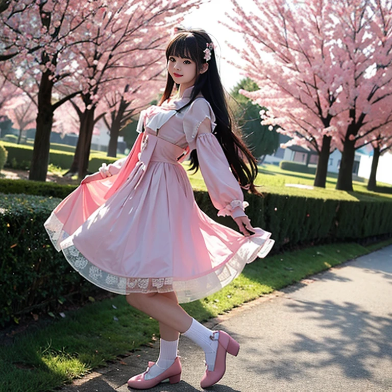 best quality, masterpiece, lifelike, 1 girl, alone, eternal, black hair, Long curly hair, blunt bangs, Smile, pink skirt, pink lolita dress, layered skirt, Lolita style long skirt,Layered dress lace-trimmed skirt, decorate, lace, long sleeve, puff sleeves, wide sleeves, Transparent sleeves, hair accessories, in the flower garden, flower, Detailed background,  delicate face，pink blush，White knee-length socks, Pink shoes，cold，Lots of lace，((​masterpiece))、(top quality)、8K、high detail、super detailed、 21 years old female，wearing pink lolita dress((dreamy atmosphere:1.1))、Seductive and whimsical style、​masterpiece、born、Scenes resembling fairy tale illustrations、intricate details show the ruffles and intricate designs of the lolita gown、capricious、 beautifully、Dream aesthetics、「𝓡𝓸𝓶𝓪𝓷𝓽𝓲𝓬、ethereal、charming、fickle、magic」、realism、Visual effects、FXAA、SSAO、shader、voiceless、environmental lighting、Tone mapping、High resolution、ultra high definition、megapixel、(8K resolution:1.10)、8K、8K resolution、high detail、intricate details、 (high quality:1.2、​masterpiece:1.2、:1.21)、(21 years old female:1.21)、(Smile excitedly)、(Surrounded by the dreamy atmosphere of an amusement par color lolita dress、Her eyes were full of surprise and joy、I took a lot of geek photos、High heel、Model diagram，full-body shot，Knee-high white的 lace socks,Sweet Lolita，Normal 2 feet，Pink shoes，Baotou shoes，full-body shot，Don&#39;t expose your fingers，Emphasize the volume of the skirt，exposed，huge breasts，The skirt flew up，低胸exposed，hair accessories，big skirt dress，If you shoot from a certain angle you can see my panties，The skirt floated up