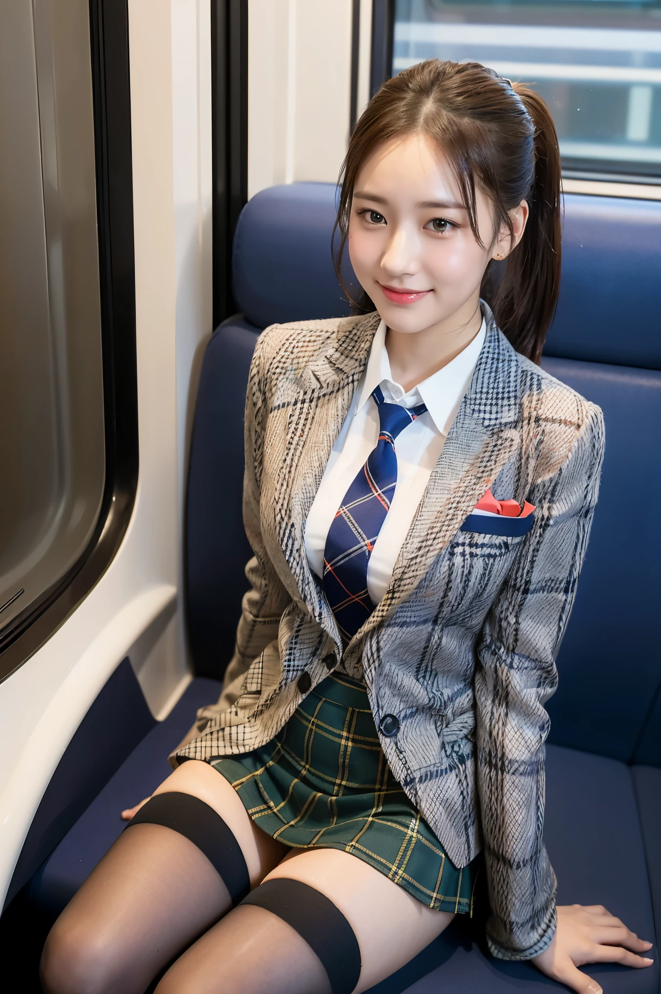 (8K), (highest quality: 1.2), (realistic), (realistic: 1.37), ultra high resolution, 1 girl, cute, smile, closed mouth, beautiful details, beautiful nose, wet hair, giant dulcefo, pork, thighs，self snap,University Student Uniform,Sitting on a train in Tokyo,simple blazer,pleated skirt,(The pattern of the skirt and tie is a tartan check pattern...:1.3),cross your legs, From above,thighs,ponytail,opaque knee high tights