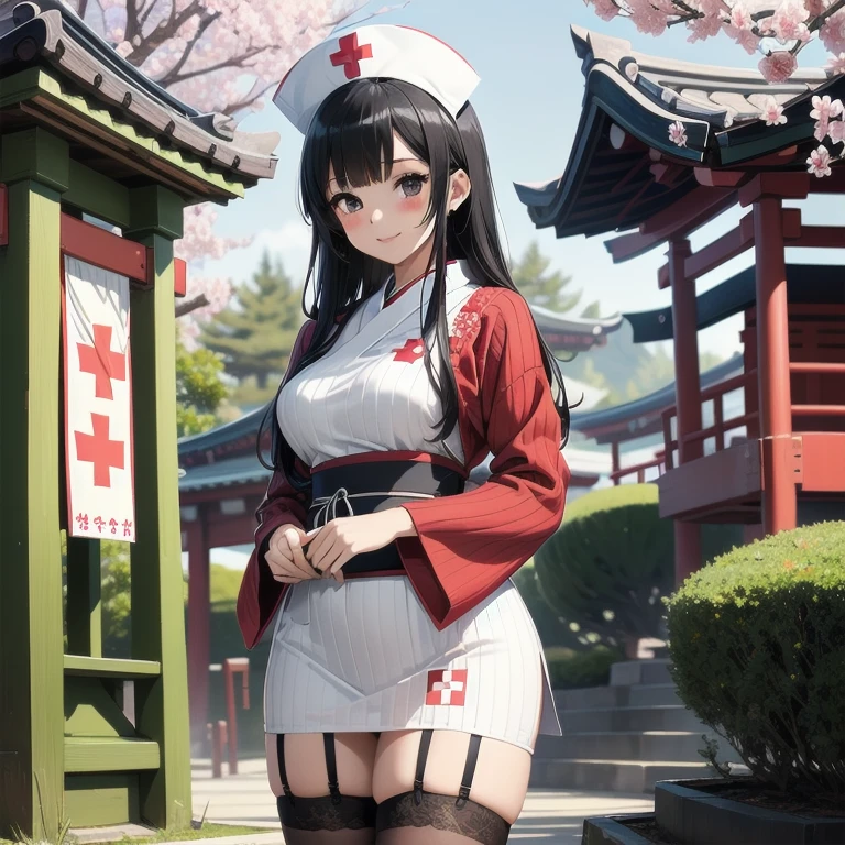 1girl, anime, black eyes, long black hair with square bangs, very long black hair, super long black hair, skirt and stockings, heels, black Japanese style kimono mixed with ribbed black sweater with red accents and sakura floral design, ((ribbed black sweater)) adult, (Japanese shrine/temple background), gamer, (((gamergirl))), kimono sleeves, garter, graceful, (((nurse outfit))), happy, (sakura floral design), herbal garden background, first aid kit, red cross, pin-up magazine cover