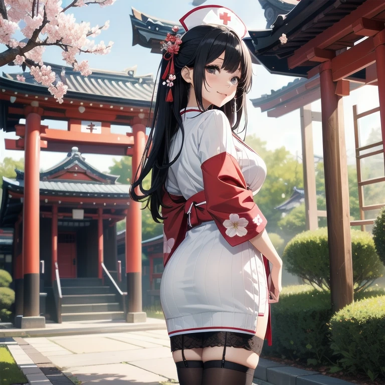 1girl, anime, black eyes, long black hair with square bangs, very long black hair, super long black hair, skirt and stockings, heels, black Japanese style kimono mixed with ribbed black sweater with red accents and sakura floral design, ((ribbed black sweater)) adult, (Japanese shrine/temple background), gamer, (((gamergirl))), kimono sleeves, garter, graceful, (((nurse outfit))), happy, (sakura floral design), herbal garden background, first aid kit, red cross, pin-up magazine cover