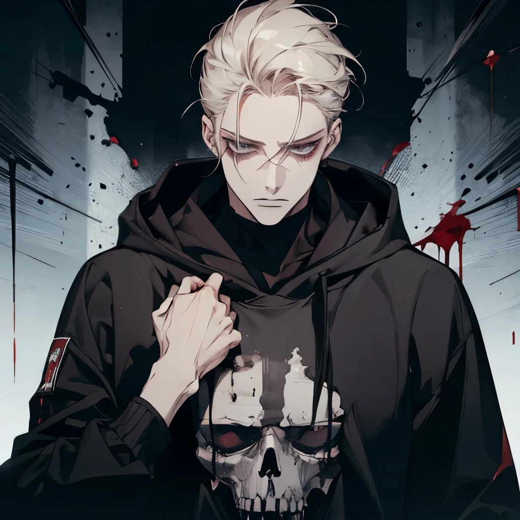 Male, glaring, psycho, pale blonde, dangerous, gray eyes, hair slicked back, hoodie, NSFW, blood, bloody, scary, dangerous, bad, murderer
