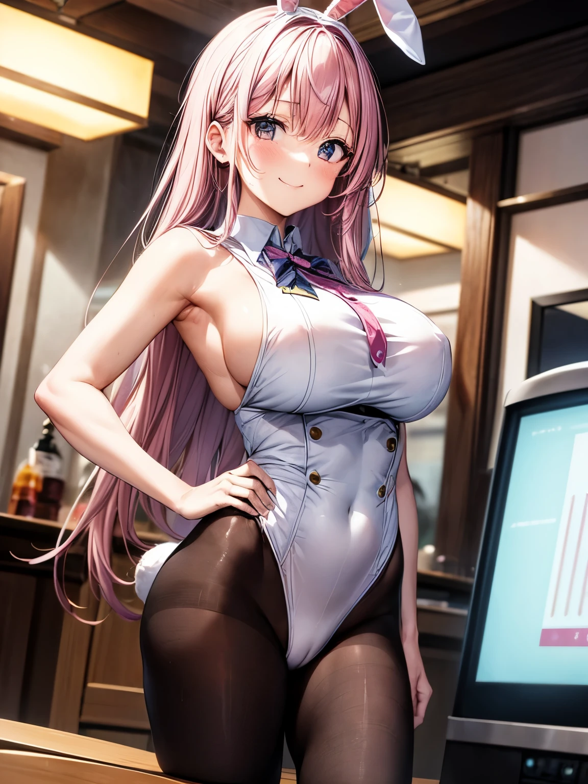 highest quality、complete limbs、Beautiful woman、solo、Bunny girl:1.3、((pink haired woman:1.4))、((Woman with long straight hair))、(((big breasted woman:1.3)))、(((黒色のBunny girlレオタードを着た女性:1.3)))、((woman wearing brown pantyhose))、黒色のBunny girlカチューシャを付けた女性、Woman wearing a pink bow tie、big smile、casino、slot、woman with hands on hips