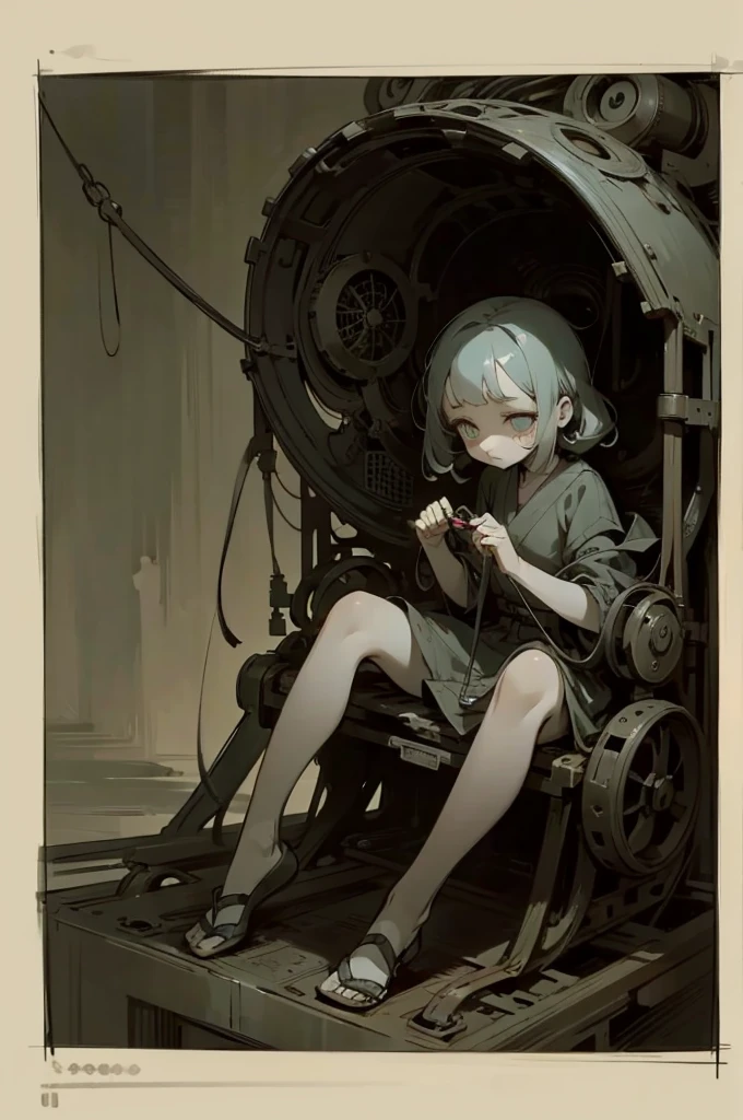 ((girl tied to a machine)), scribble, nightmare, doll-like face, cartoon style, rough sketch, , (masterpiece), (High resolution), (super delicate), (clear), Comic book style illustrations,(Horror elements), Japanese painting illustration, full body,(snap shot),crazy illustration, antique, dark atmosphere, flat illustration, creepy appearance, Characteristic hairstyle, creative accessories, Unique atmosphere、
