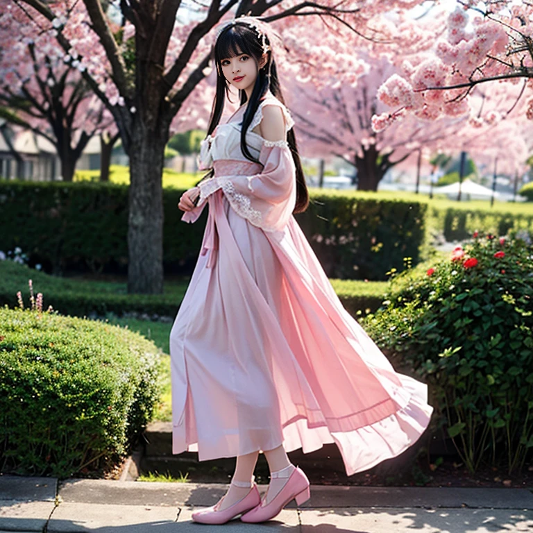 best quality, masterpiece, lifelike, 1 girl, alone, eternal, black hair, Long curly hair, blunt bangs, Smile, pink skirt, pink lolita dress, layered skirt, Lolita style long skirt,分層連衣裙 lace-trimmed 裙子, decorate, lace, long sleeve, puff sleeves, wide sleeves, Transparent sleeves, hair accessories, 在flower园里, flower, Detailed background, delicate face,pink blush,white及膝襪, Pink shoes,cold,Lots of lace,((masterpiece))、(top quality)、8K、high detail、super detailed、 21 years old female,穿着pink lolita dress((dreamy atmosphere:1.1))、Seductive and whimsical style、masterpiece、born、Scenes resembling fairy tale illustrations、intricate details展示了洛丽塔礼服的荷叶边和复杂的设计、capricious、 beautifully、Dream aesthetics、「𝓡𝓸𝓶𝓪𝓷𝓽𝓲𝓬、ethereal、charming、fickle、magic」、realism、Visual effects、FXAA、SSAO、shader、voiceless、environmental lighting、Tone mapping、High resolution、ultra high definition、megapixel、(8K resolution:1.10)、8K、8K resolution、high detail、intricate details、 (high quality:1.2、masterpiece:1.2、:1.21)、(21 years old female:1.21)、(興奮地Smile)、(Surrounded by the dreamy atmosphere of an amusement par色洛丽塔连衣裙、Her eyes were full of surprise and joy、I took a lot of geek photos、High heel、Model diagram,full-body shot,Knee-high white的 lace socks,Sweet Lolita,Normal 2 feet,Pink shoes,Baotou shoes,full-body shot,不要exposed你的手指,Emphasize the volume of the skirt,exposed,huge breasts,white,The skirt flew up,low cut,exposed,hair accessories,big skirt dress,If you shoot from a certain angle you can see my panties,permanent,The skirt floated up