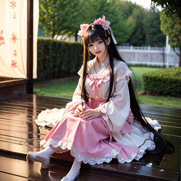 best quality, masterpiece, lifelike, 1 girl, alone, eternal, black hair, Long curly hair, blunt bangs, Smile, pink skirt, pink lolita dress, layered skirt, Lolita style long skirt,分層連衣裙 lace-trimmed 裙子, decorate, lace, long sleeve, ???? sleeves, wide sleeves, Transparent sleeves, hair accessories, 在flower园里, flower, Detailed background, delicate face,pink blush,white及膝襪, Pink shoes,cold,Lots of lace,((masterpiece))、(top quality)、8K、high detail、super detailed、 21 years old female,穿着pink lolita dress((dreamy atmosphere:1.1))、Seductive and whimsical style、masterpiece、born、Scenes resembling fairy tale illustrations、intricate details展示了洛丽塔礼服的荷叶边和复杂的设计、capricious、 beautifully、Dream aesthetics、「𝓡𝓸𝓶𝓪𝓷𝓽𝓲𝓬、ethereal、charming、fickle、magic」、realism、Visual effects、FXAA、SSAO、shader、voiceless、environmental lighting、Tone mapping、High resolution、ultra high definition、megapixel、(8K resolution:1.10)、8K、8K resolution、high detail、intricate details、 (high quality:1.2、masterpiece:1.2、:1.21)、(21 years old female:1.21)、(興奮地Smile)、(Surrounded by the dreamy atmosphere of an amusement par色洛丽塔连衣裙、Her eyes were full of surprise and joy、I took a lot of geek photos、High heel、Model diagram,full-body shot,Knee-high white的 lace socks,Sweet Lolita,Normal 2 feet,Pink shoes,Baotou shoes,full-body shot,不要exposed你的手指,Emphasize the volume of the skirt,exposed,huge breasts,white,The skirt flew up,low cut,exposed,hair accessories,big skirt dress,If you shoot from a certain angle you can see my panties,permanent,The skirt floated up