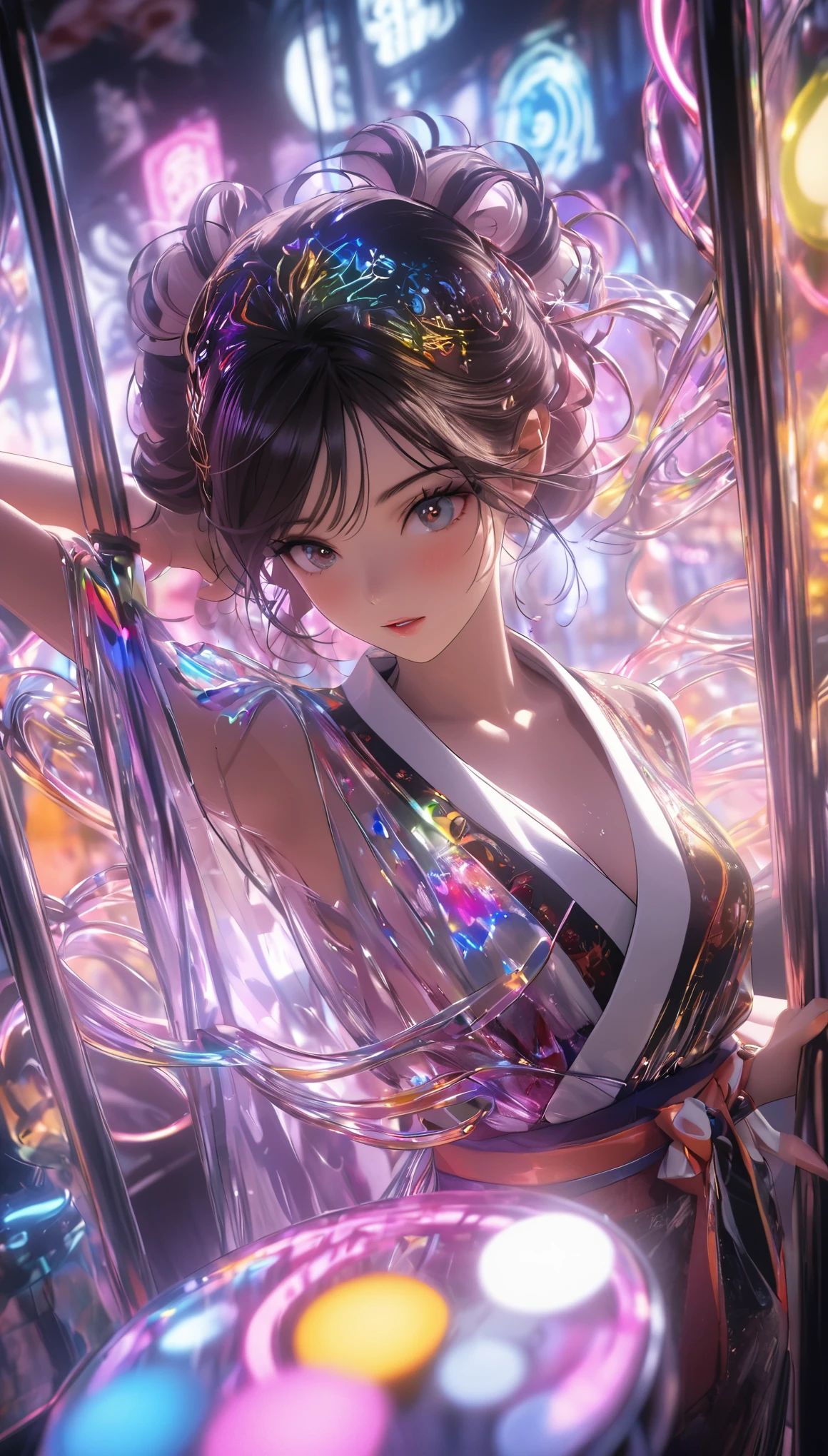 A photo of a Japanese woman in her twenties,Made of shiny white and silver translucent glass and plastic, Geisha makeup and hairstyle, Silver metal interior, dynamic poses, flowing organic structure, Glowing golden circuit, colorful neon decoration, light emitting circuit, neon decoration, Depth of field focus f/2.8, H's Art.right. jiger, Greg rightutowski