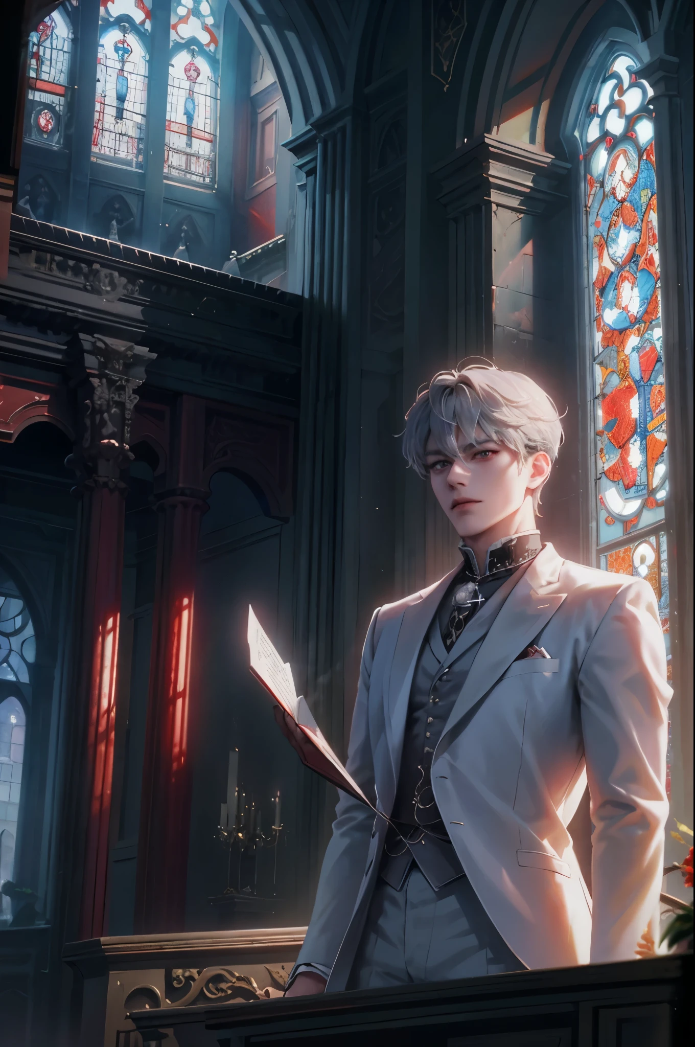 masterpiece, best quality, 1man, adult, male focus, solo, grey hair, vibrant red eyes, looking at viewer, closed mouth, cantarella, Fantasy aesthetics, Highly detailed, casual style, white outfit, Victorian church background , beside the window