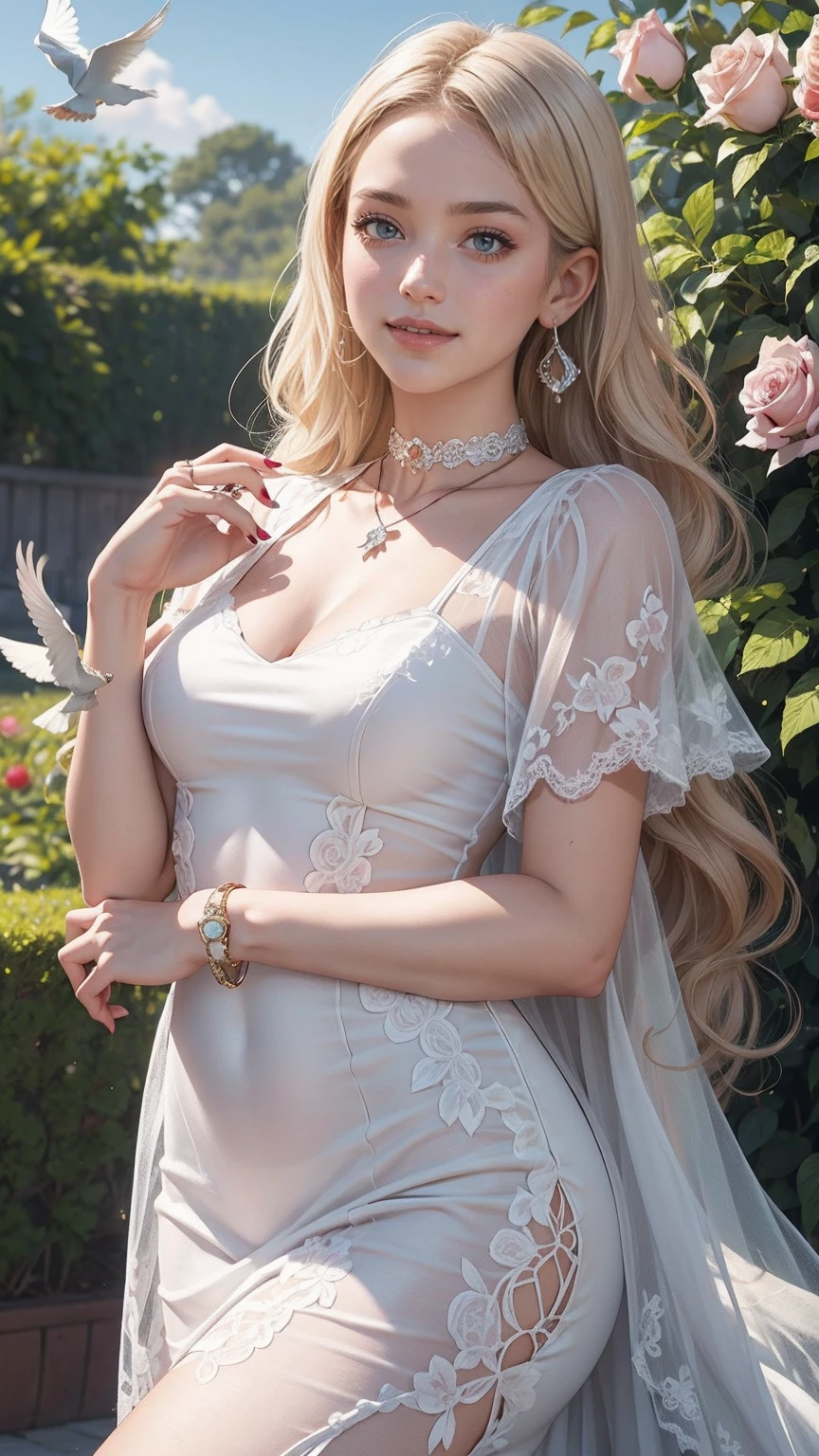 There is a beautiful girl in a ridiculously large bird cage、Beautiful girl smiling in a bird cage、There are many flowers blooming around、Whispering of a little bird、The maiden's breasts are very large