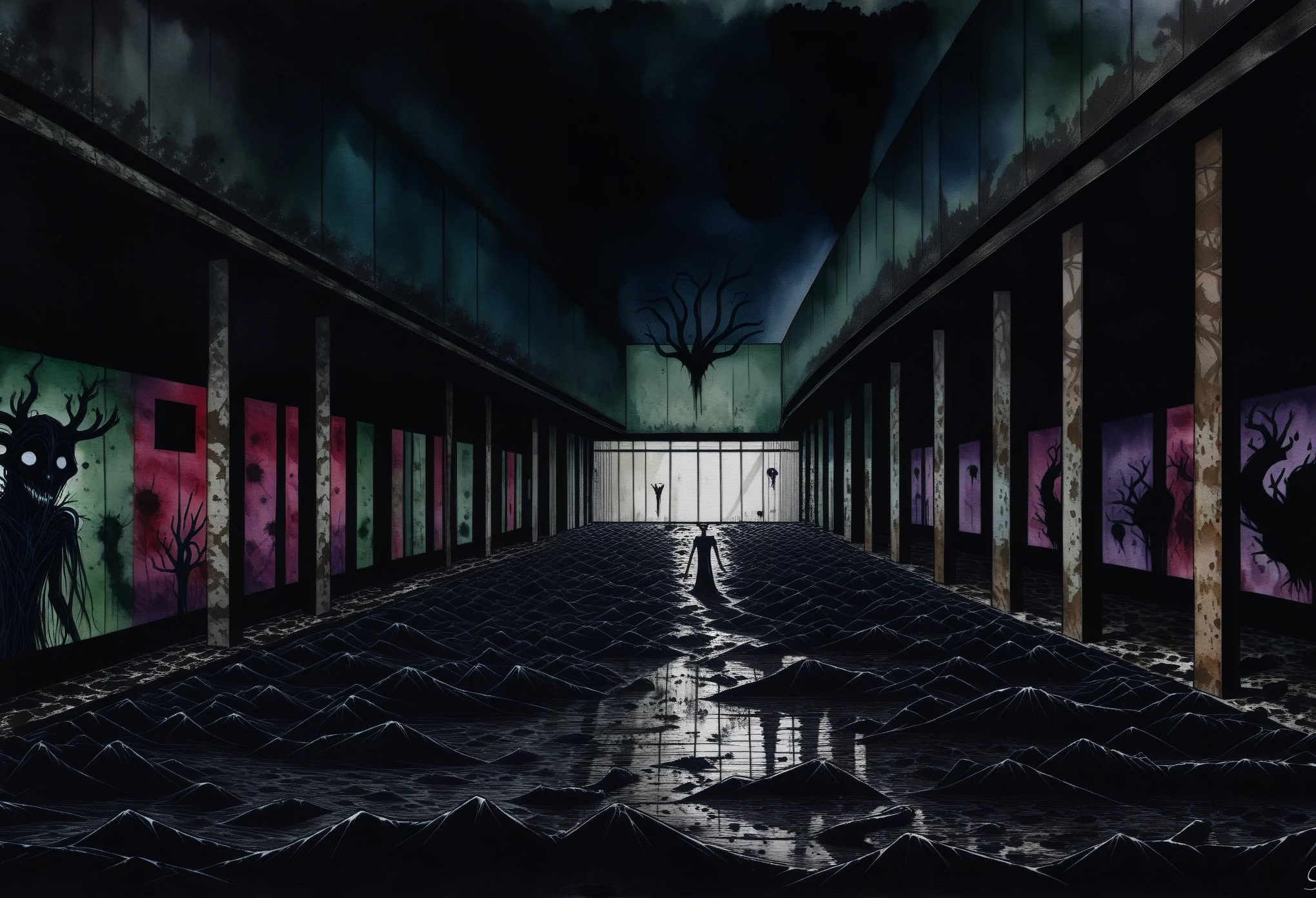 darkness, no visibility, lone Wendigo, shopping at abandoned shopping mall, dead mall, anthropomorphic deer spirit body bones and roots, gnarled crown of horns, Splash panel illustration art style Sean Gordon Murphy, ink blot, watercolor, entropy rewilding, insatiable consumer, bleak composition, cursed haunted spirit photography), too real, harsh, intense, overwhelming dread, unnatural, minimal, liminal, abandoned, alone, no light source, darkness, only visibility comes from the shades of darkness, rich color grading for depth and shading, expansive vast open dilapidated areas for profound isolation loneliness, dark color palette, nighttime, abyss, void,