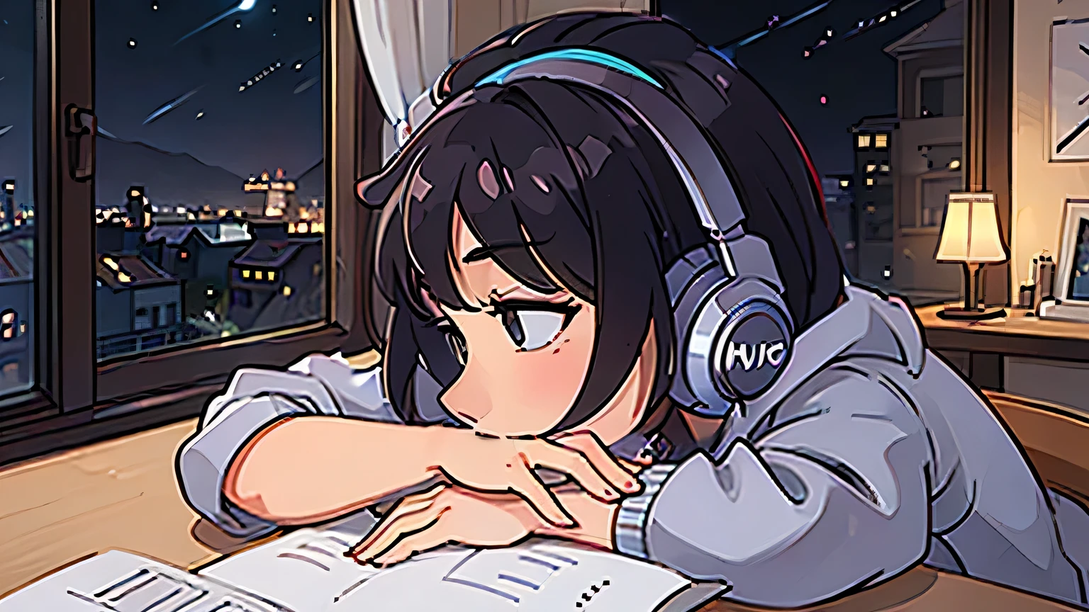 Profile facing the window、headphone