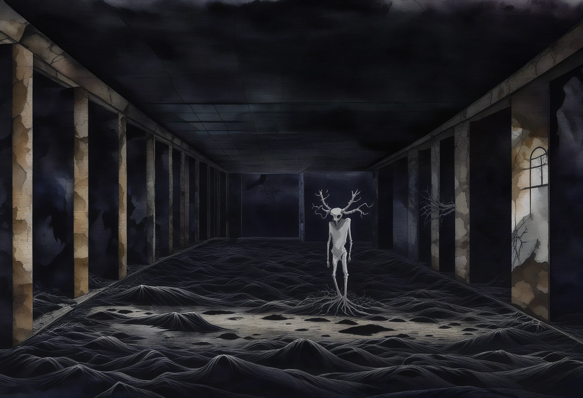 darkness, no visibility, lone Wendigo, shopping at abandoned shopping mall, dead mall, anthropomorphic deer spirit body bones and roots, gnarled crown of horns, Splash panel illustration art style Sean Gordon Murphy, ink blot, watercolor, entropy rewilding, insatiable consumer, bleak composition, cursed haunted spirit photography), too real, harsh, intense, overwhelming dread, unnatural, minimal, liminal, abandoned, alone, no light source, darkness, only visibility comes from the shades of darkness, rich color grading for depth and shading, expansive vast open dilapidated areas for profound isolation loneliness, dark color palette, nighttime, abyss, void,