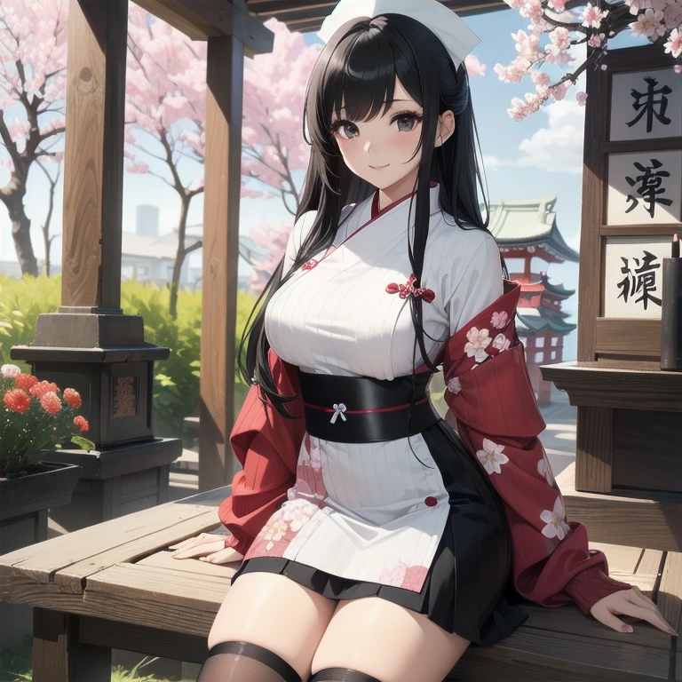 1girl, anime, black eyes, long black hair with square bangs, very long black hair, super long black hair, skirt and stockings, heels, black Japanese style kimono mixed with ribbed black sweater with red accents and sakura floral design, ((ribbed black sweater)) adult, (Japanese shrine/temple background), gamer, (((gamergirl))), kimono sleeves, garter, graceful, (((nurse outfit))), happy, (sakura floral design), herbal garden background, first aid kit, red cross, pin-up magazine cover