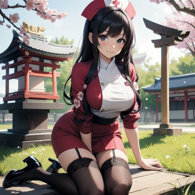 1girl, anime, black eyes, long black hair with square bangs, very long black hair, super long black hair, skirt and stockings, heels, black Japanese style kimono mixed with ribbed black sweater with red accents and sakura floral design, ((ribbed black sweater)) adult, (Japanese shrine/temple background), gamer, (((gamergirl))), kimono sleeves, garter, graceful, (((nurse outfit))), happy, (sakura floral design), herbal garden background, first aid kit, red cross, pin-up magazine cover