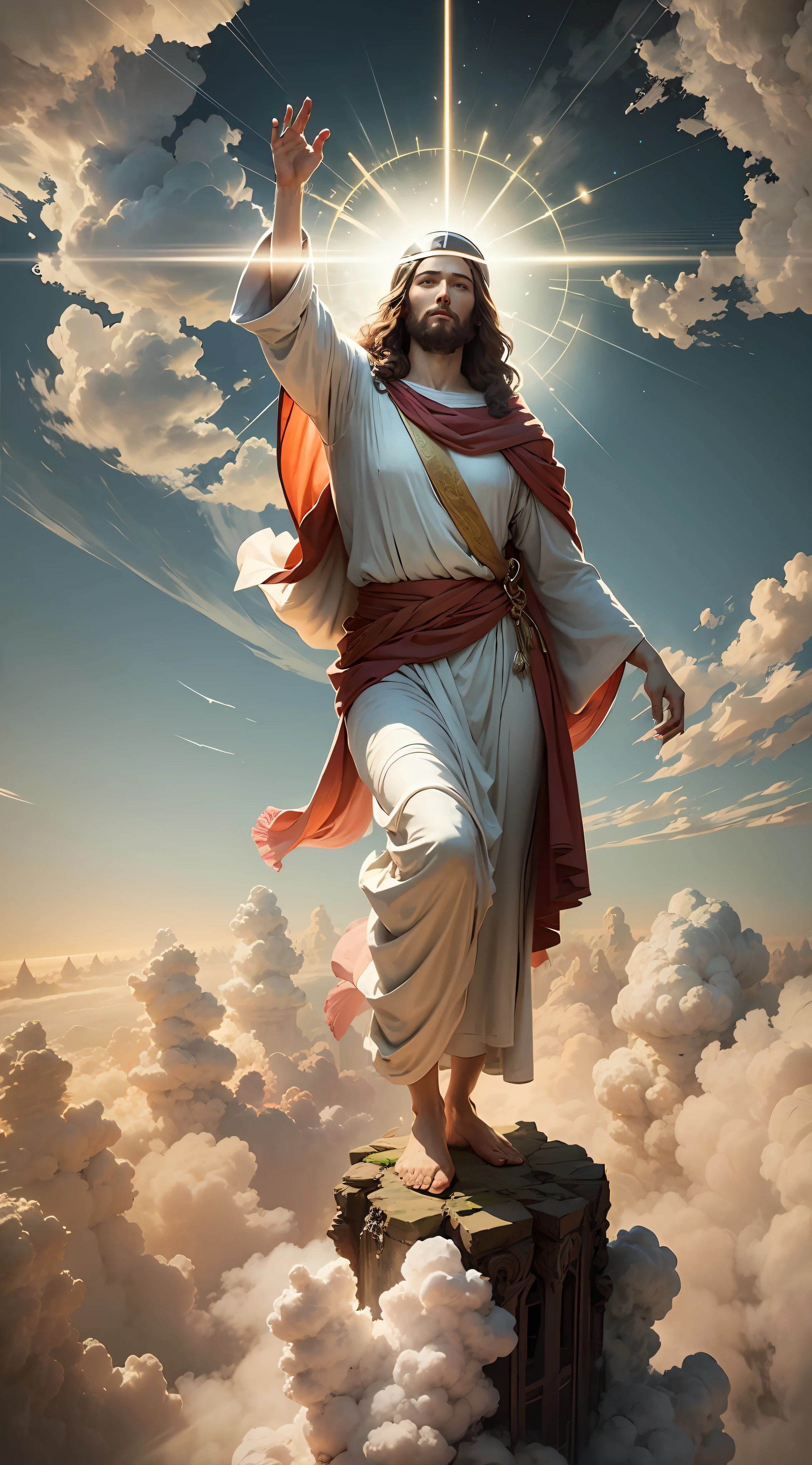 Jesus floating in the air above the clouds with a light shining brightly on his face --auto --s2
