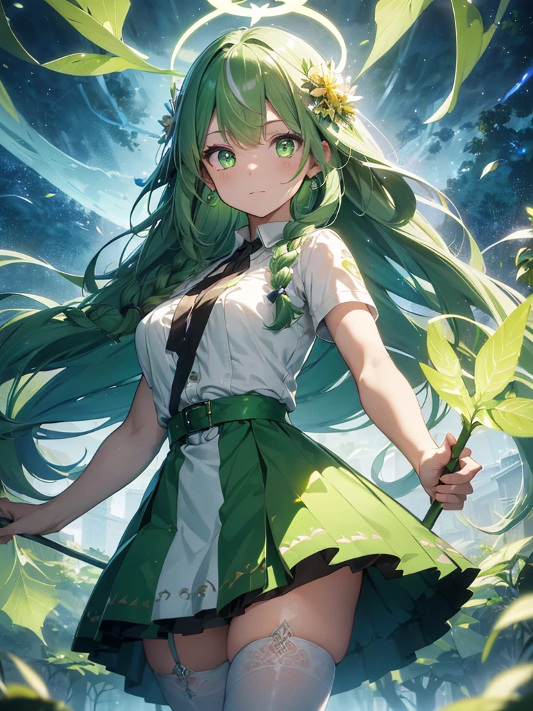a goddess of life, mature look, mature body, (((leaf green hair streaked glowing green low twin super large long braids))), wavy hair, floating hair, hair strand, (((glowing phantom green eyes))), aqua eyes, pupils sparkling, longeyelashes, eye reflection, (((Glowing silver-green half-helmet))), ((A short skirt made of many leaves)), (Green thigh stockings), Leaf green boots, flower hairclip, flower earrings, glowing clothing masterpiece, (((Hand holding a huge branch-shaped staff with small flowers and leaves))), (((A large green glowing magic circle at your feet))), (((A huge leaf totem floats upright behind the back))), (((A halo composed of various greens on the head))), Many leaves are flying around the body, Random expressions, Random pose, (Floating on cloud), green god rays, Focus on face, Highly detailed face, high quality clothes, anime, Futurism, chiaroscuro, motion blur, sparkle, glowing light, reflection light, ray tracing, UHD, retina, ccurate, masterpiece, super detail, best quality, textured skin, super detail face, perfect face, Super fine facial details, beautiful and delicate eyes, perfect eyes, anatomically correct, correct limbs, correct figner, super detail figner, best hair quality, best clothing quality, best prop quality, best halo detail and quality, best magic circle detail and quality, complex halo detail,