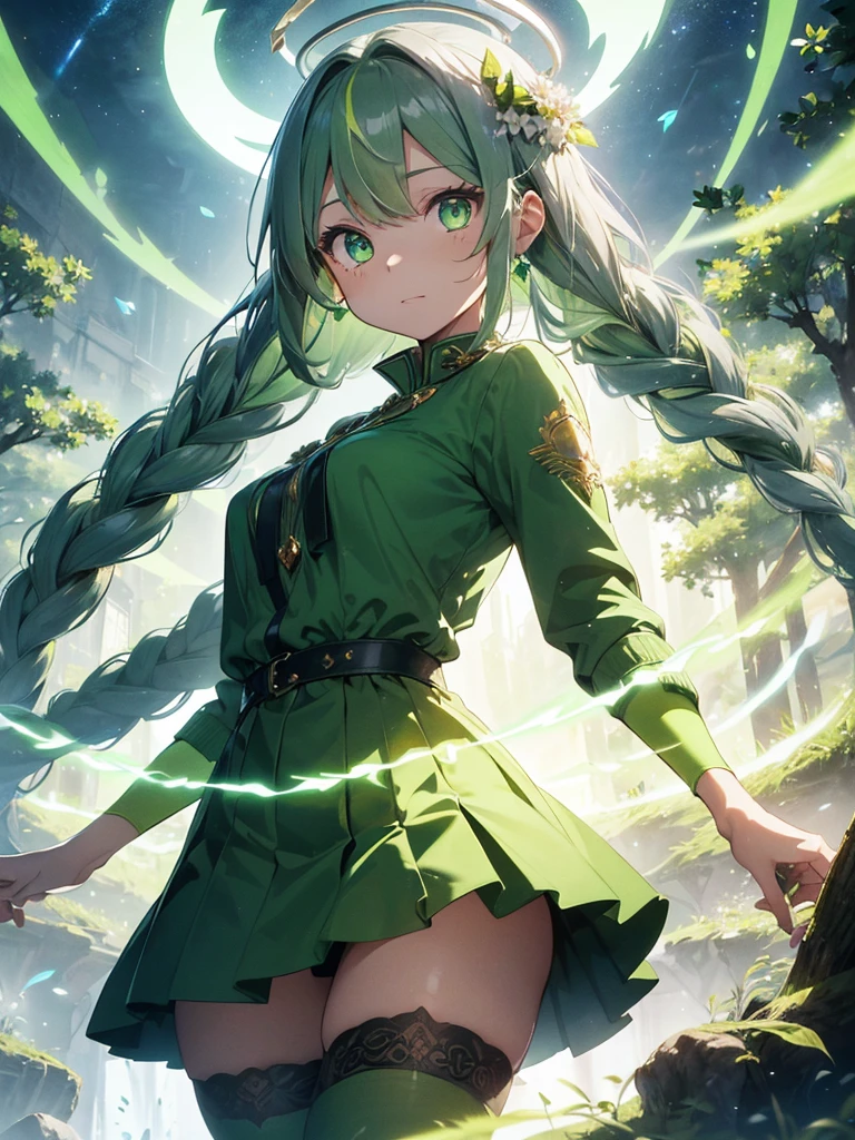 a goddess of life, mature look, mature body, (((leaf green hair streaked glowing green low twin super large long braids))), wavy hair, floating hair, hair strand, (((glowing phantom green eyes))), aqua eyes, pupils sparkling, longeyelashes, eye reflection, (((Glowing silver-green half-helmet))), ((A short skirt made of many leaves)), (Green thigh stockings), Leaf green boots, flower hairclip, flower earrings, glowing clothing masterpiece, (((Hand holding a huge branch-shaped staff with small flowers and leaves))), (((A large green glowing magic circle at your feet))), (((A huge leaf totem floats upright behind the back))), (((A halo composed of various greens on the head))), Many leaves are flying around the body, Random expressions, Random pose, (Floating on cloud), green god rays, Focus on face, Highly detailed face, high quality clothes, anime, Futurism, chiaroscuro, motion blur, sparkle, glowing light, reflection light, ray tracing, UHD, retina, ccurate, masterpiece, super detail, best quality, textured skin, super detail face, perfect face, Super fine facial details, beautiful and delicate eyes, perfect eyes, anatomically correct, correct limbs, correct figner, super detail figner, best hair quality, best clothing quality, best prop quality, best halo detail and quality, best magic circle detail and quality, complex halo detail,