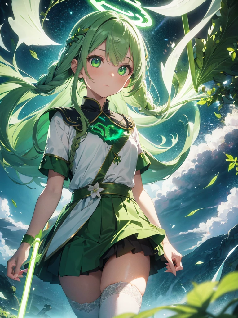a goddess of life, mature look, mature body, (((leaf green hair streaked glowing green low twin super large long braids))), wavy hair, floating hair, hair strand, (((glowing phantom green eyes))), aqua eyes, pupils sparkling, longeyelashes, eye reflection, (((Glowing silver-green half-helmet))), ((A short skirt made of many leaves)), (Green thigh stockings), Leaf green boots, flower hairclip, flower earrings, glowing clothing masterpiece, (((Hand holding a huge branch-shaped staff with small flowers and leaves))), (((A large green glowing magic circle at your feet))), (((A huge leaf totem floats upright behind the back))), (((A halo composed of various greens on the head))), Many leaves are flying around the body, Random expressions, Random pose, (Floating on cloud), green god rays, Focus on face, Highly detailed face, high quality clothes, anime, Futurism, chiaroscuro, motion blur, sparkle, glowing light, reflection light, ray tracing, UHD, retina, ccurate, masterpiece, super detail, best quality, textured skin, super detail face, perfect face, Super fine facial details, beautiful and delicate eyes, perfect eyes, anatomically correct, correct limbs, correct figner, super detail figner, best hair quality, best clothing quality, best prop quality, best halo detail and quality, best magic circle detail and quality, complex halo detail,