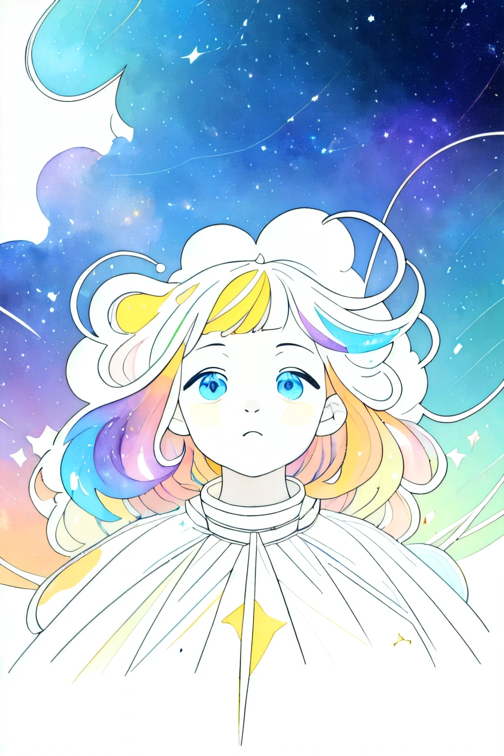 ((masterpiece)), (((best quality))), ((ultra-detailed)), ((illustration)),[realism light effect],shadow,(Fantasy style),(white background:1.6), simple background, (earth theme),(a cloak)[(hair focus,((1girl)),[(big slime hair): (cloud hair):0.3], (hair on background),(high saturation),(hair surrounded by galaxy splashes),)):((her hair is becoming galaxy clouds,:1.27628), (hair and clothes is galaxy clouds and cluster of stars:1.1025),(a cloak is becoming galaxy clouds)(colorful_galaxy_print_clusters_of_stars_print:1.35),((detailed starry sky with colorful galaxy and galaxy clouds):1.2)):0.35], (((masterpiece))),(((best quality))),((ultra-detailed)),(illustration),(dynamic angle),((floating)),(paint),((disheveled hair)),((beautiful detailed face)),collar,bare shoulders, ((colorful hair)),((streaked hair)),beautiful detailed eyes,(Gradient color eyes),(((colorful eyes))),(((colorful background))),(((high saturation))),(((surrounded by colorful splashes))),(((surrounded by colorful dot))),colorful bubble,((shining)),