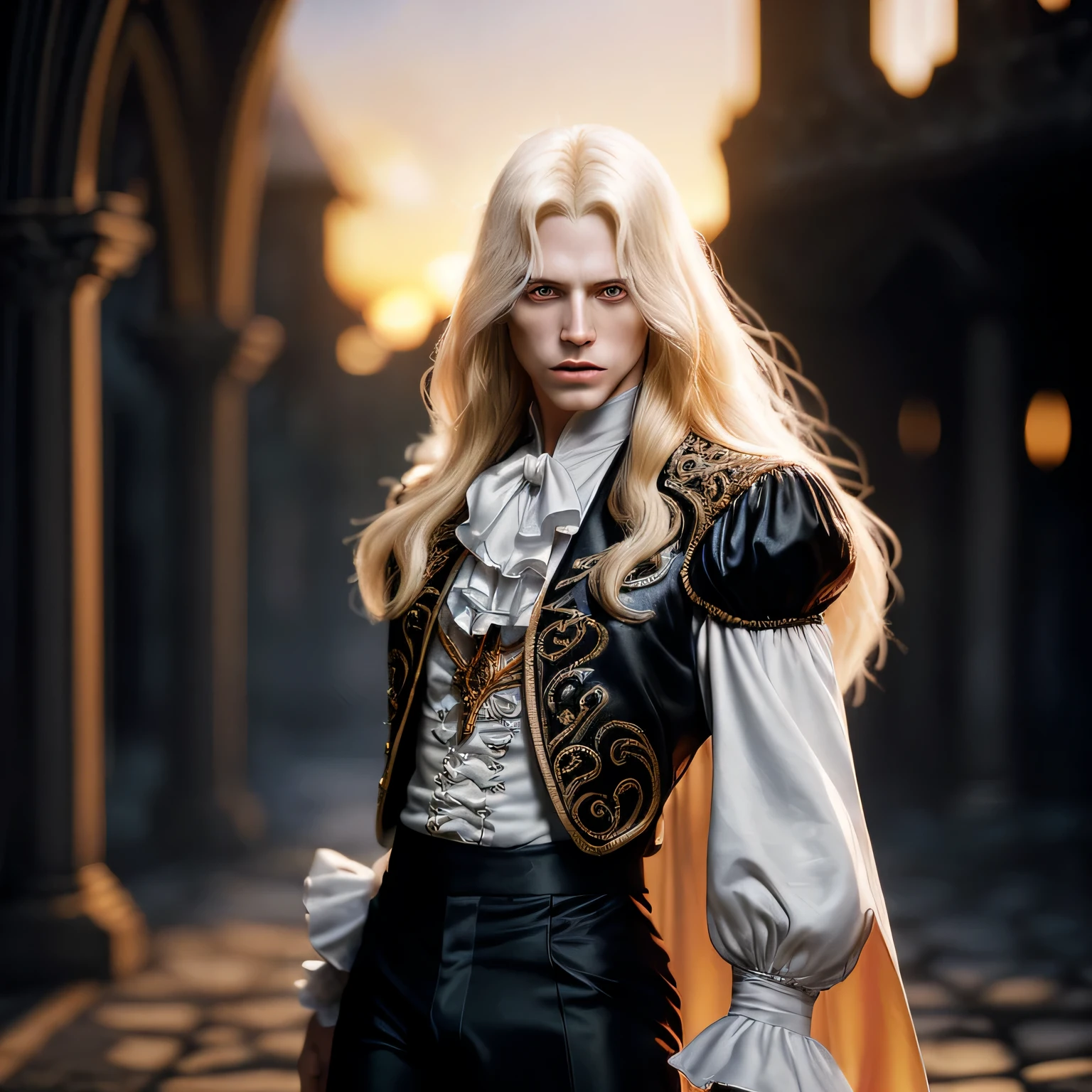 (masterpiece), (extremely intricate:1.3), (realistic), Alucard Tepes, Castlesvania, portrait of a a man, the most beautiful in the world, (black pants and white puffy shirt). (long blond hair), (golden eye), (pale skin), upper body, outdoors, intense sunlight, far away castle, professional photograph of a stunning man detailed, sharp focus, dramatic, award winning, cinematic lighting, octane render  unreal engine,  volumetrics dtx, (film grain, blurry background, blurry foreground, bokeh, depth of field, sunset, motion blur:1.3),