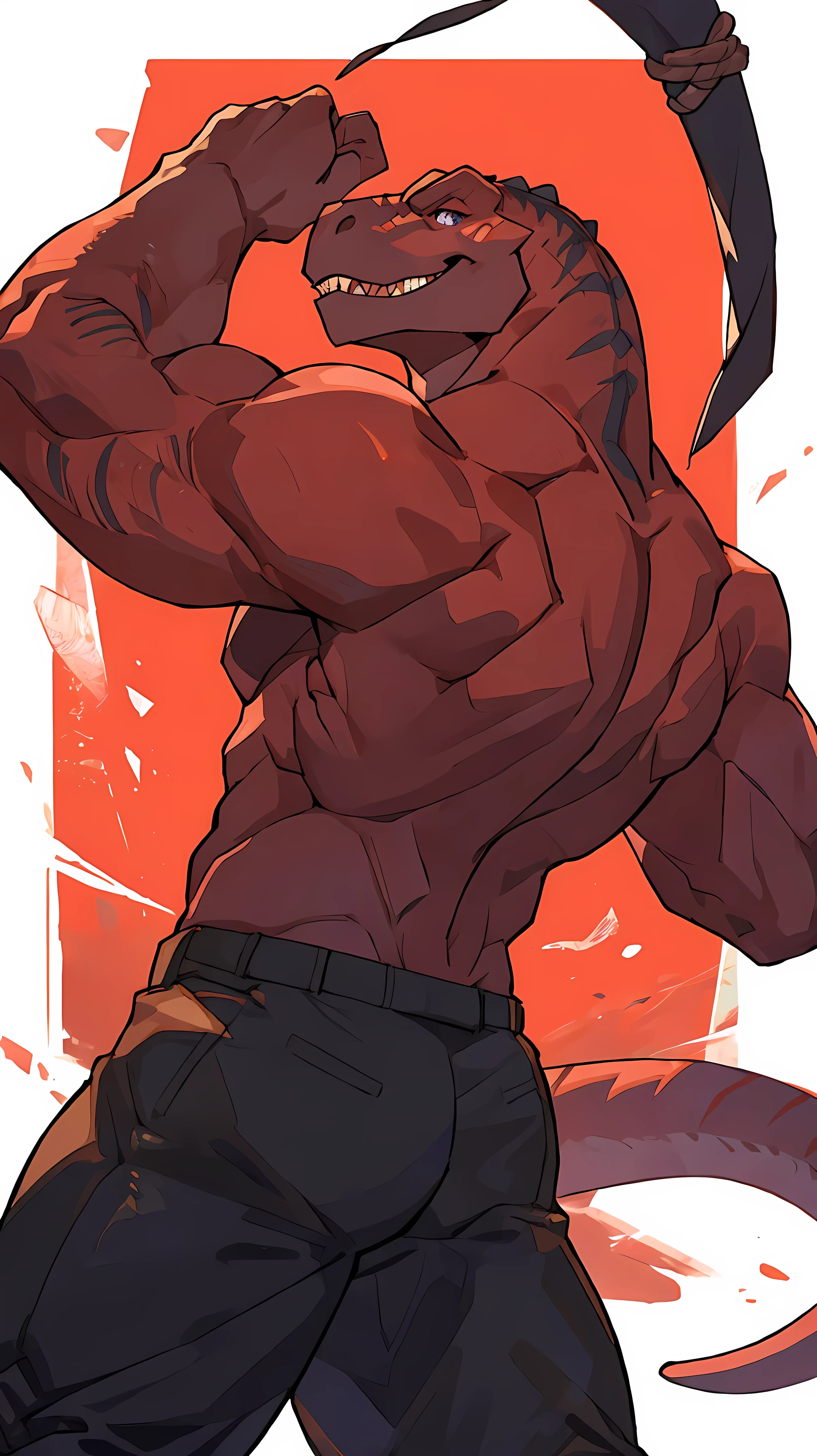 (ByZEphyrus)furry,solo,red-purple, skin tyrannosaurus, detailed eyes, front facing viewer, Muscular,Nude body,Wear jewelry,red background,There is a fruit on the back.,dyed smiley face,Attractive sight,(maximum detail,Backlit,4K) by bebebebebe by goonie-san by dangpa, grabing bulging boner, hard bulge, tyrannosaurus tale