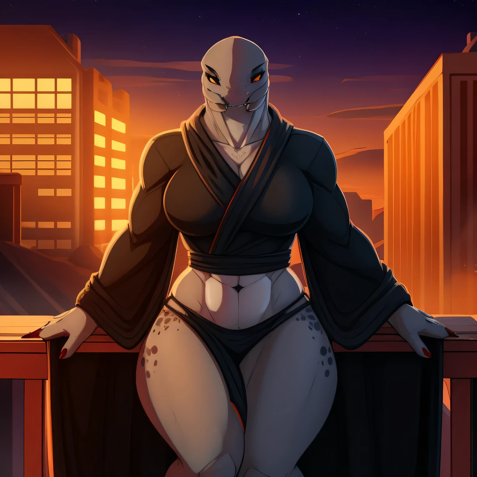 Tall_thick_bodied_Muscular_mature_sangheili female dark_gray_scaled_body orange_iris black_sclera robes solo Masterpiece best_quality absurdres highly_detailed cleanly_drawn_eyes anthro_only by_claweddrip, by_greasymojo, by_underscore-b, by_runawaystride