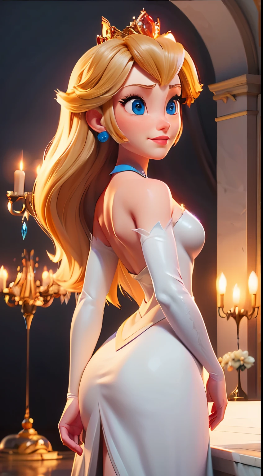 Envision Elsa in a graceful pose, crystal chest chest Elsa, cute smile, serious and cute smile, beautiful elsa, , her back partially arched, showcasing the elegance of her Blue Diamond (Crystal) Dress from Frozen. This scene is inspired by the LORA Model Elsa, capturing the beauty of a realistic animated 3D representation. The image is a partial back arch, chest up, highlighting the intricate details of Elsa's dress and the regal posture of the Frozen queen. With lifelike realism, Elsa's expression and pose convey a sense of enchantment and grace,