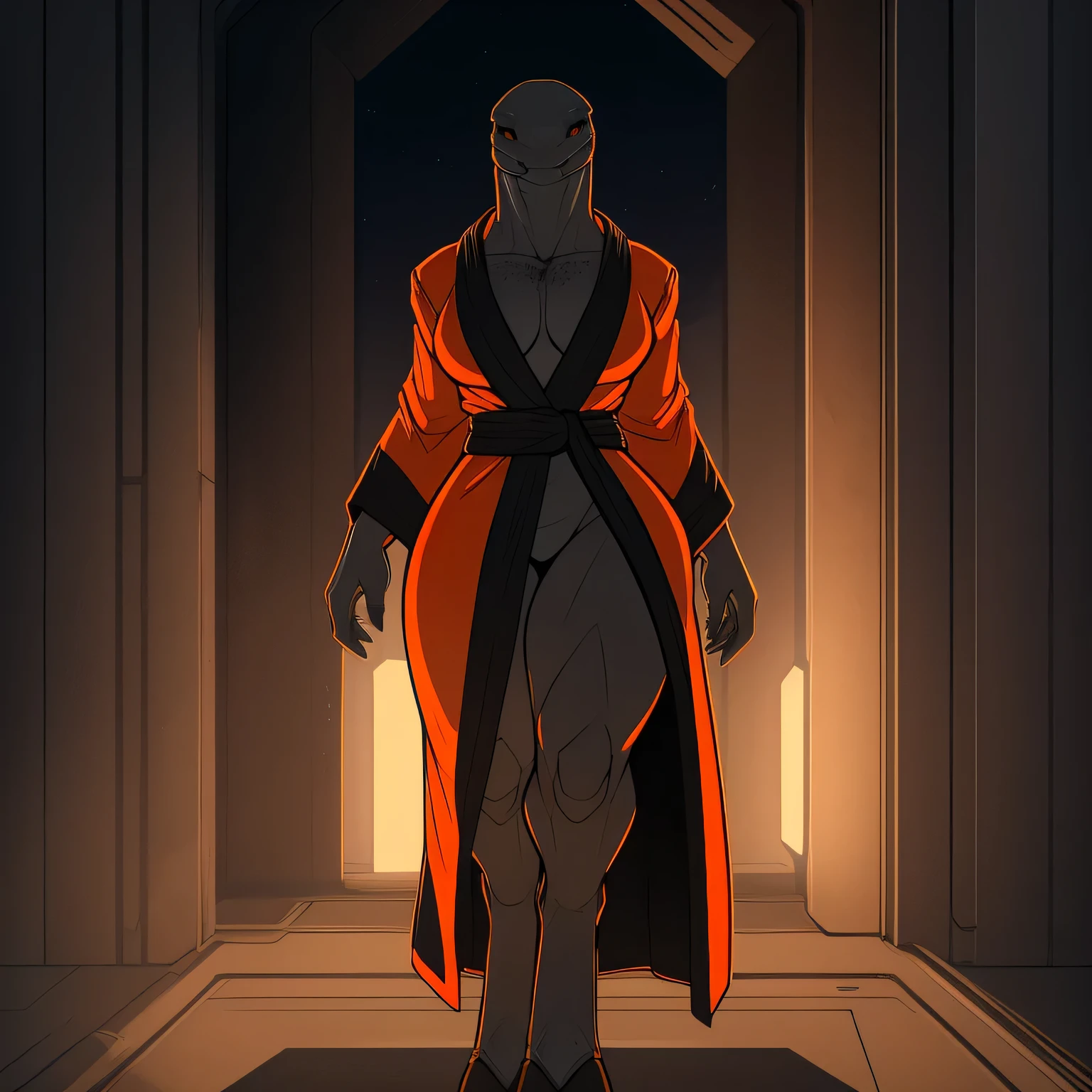 Tall_thick_bodied_Muscular_mature_sangheili female dark_gray_scaled_body orange_iris black_sclera robes solo Masterpiece best_quality absurdres highly_detailed cleanly_drawn_eyes anthro_only by_claweddrip, by_greasymojo, by_underscore-b, by_runawaystride