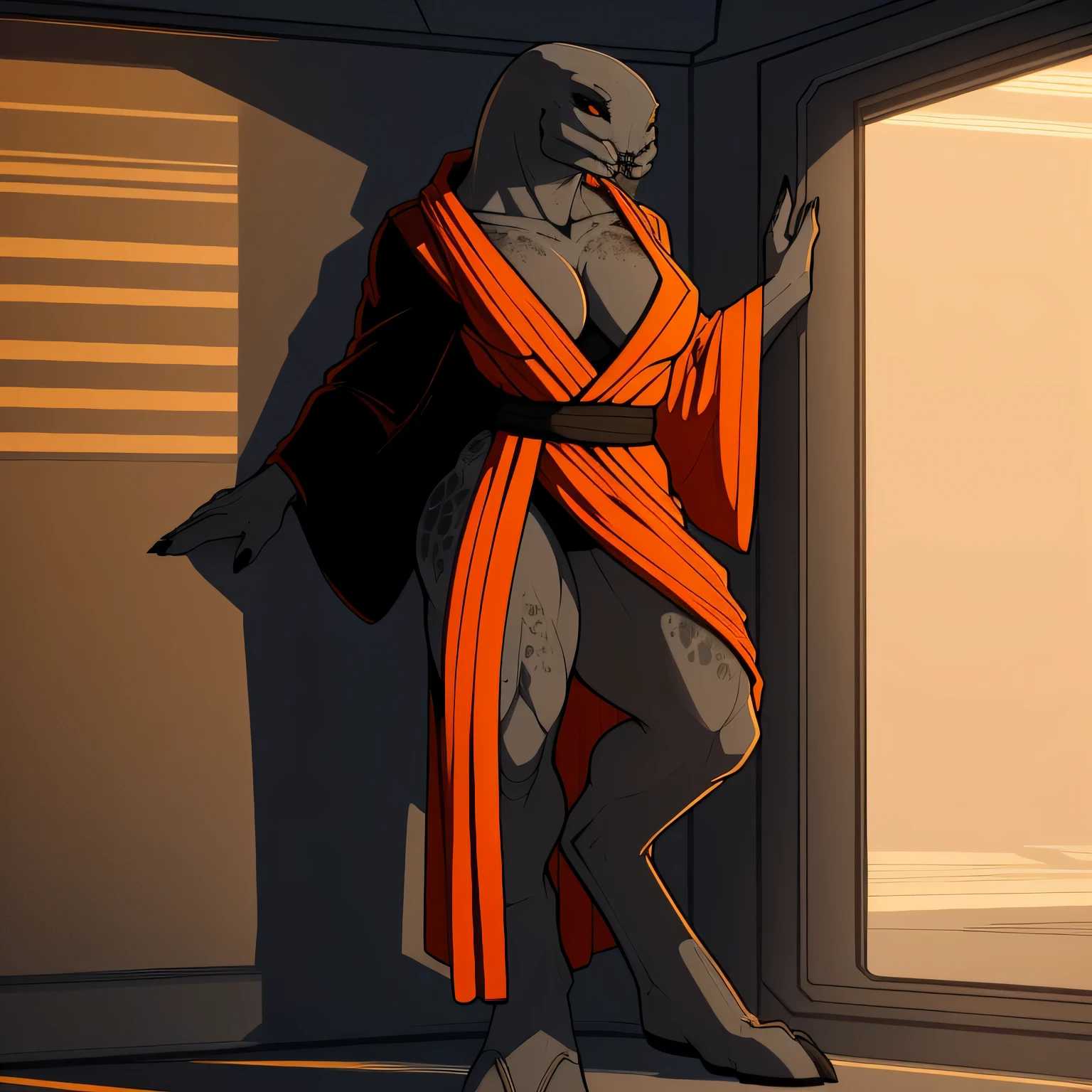 Tall_thick_bodied_Muscular_mature_sangheili female dark_gray_scaled_body orange_iris black_sclera robes solo Masterpiece best_quality absurdres highly_detailed cleanly_drawn_eyes anthro_only by_claweddrip, by_greasymojo, by_underscore-b, by_runawaystride