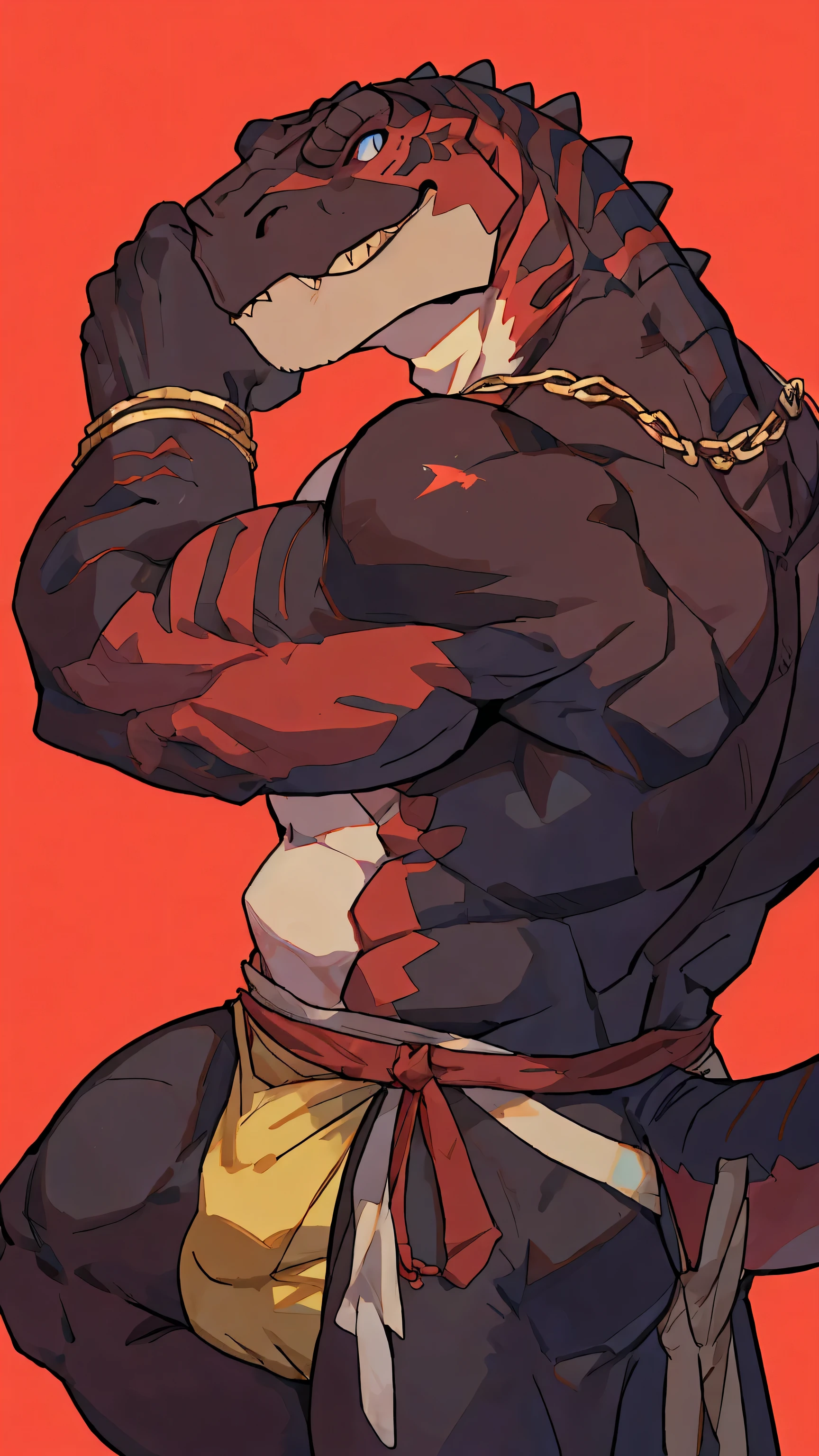 (ByZEphyrus)furry,solo,red-purple, skin tyrannosaurus, detailed eyes, front facing viewer, Muscular,Nude body,Wear jewelry,red background,There is a fruit on the back.,dyed smiley face,Attractive sight,(maximum detail,Backlit,4K) by bebebebebe by goonie-san by dangpa, grabing bulging boner, hard bulge, tyrannosaurus tale