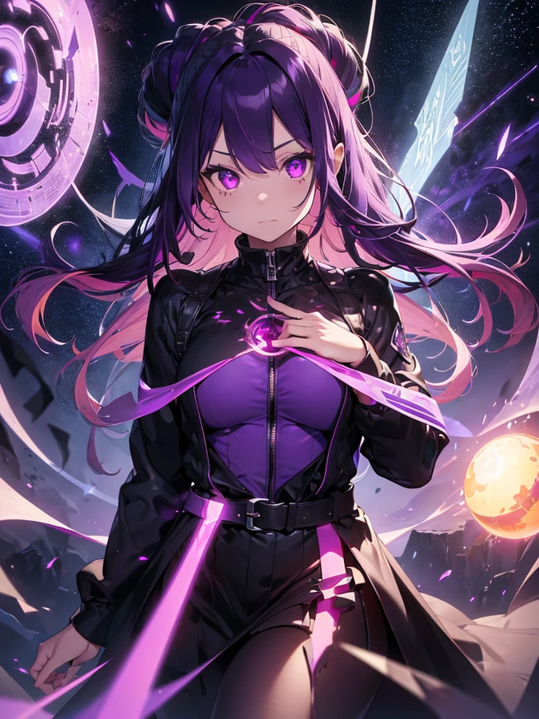 A goddess of dark, (Dark purple hair streaked glowing purple :1.4), (Gradient purple red hair ends:1.6), hair strand, absurdly long straight hair, shiny hair, floating hair, (((Glowing illusion purple eyes))), delicate eyes, aqua eyes, High like real eyes, ((glowing eyes)), makeup, Focus on face, Very detailed facial, sexy and fittness body, Random environment, Random pose, (((Floating in the sky of the city))), (((Floating on the dark clouds))), glowing clothing masterpiece, (((red glowing black armor))), (((Hand holding spinning black hole))), several colored crystal shard beside, purple lights swirl around the body, (((Large colorful glowing magic circle stand upright floating on the back))), full body shot, realism, chiaroscuro, (glowing light), sparkle, ray tracing, cinematic lighting, Futurism, motion blur, Ultra-Wide Angle, god rays, atmospheric perspective, best quality, UHD, super detail, masterpiece, highres, ccurate, retina, textured skin, super detail face, perfect face, Super fine facial details, beautiful and delicate eyes, perfect eyes, anatomically correct, correct limbs, correct figner, super detail figner, best hair quality, best clothing quality, best prop quality, best halo detail and quality, best magic circle detail and quality, complex halo detail,