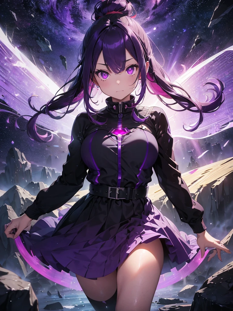 A goddess of dark, (Dark purple hair streaked glowing purple :1.4), (Gradient purple red hair ends:1.6), hair strand, absurdly long straight hair, shiny hair, floating hair, (((Glowing illusion purple eyes))), delicate eyes, aqua eyes, High like real eyes, ((glowing eyes)), makeup, Focus on face, Very detailed facial, sexy and fittness body, Random environment, Random pose, (((Floating in the sky of the city))), (((Floating on the dark clouds))), glowing clothing masterpiece, (((red glowing black armor))), (((Hand holding spinning black hole))), several colored crystal shard beside, purple lights swirl around the body, (((Large colorful glowing magic circle stand upright floating on the back))), full body shot, realism, chiaroscuro, (glowing light), sparkle, ray tracing, cinematic lighting, Futurism, motion blur, Ultra-Wide Angle, god rays, atmospheric perspective, best quality, UHD, super detail, masterpiece, highres, ccurate, retina, textured skin, super detail face, perfect face, Super fine facial details, beautiful and delicate eyes, perfect eyes, anatomically correct, correct limbs, correct figner, super detail figner, best hair quality, best clothing quality, best prop quality, best halo detail and quality, best magic circle detail and quality, complex halo detail,
