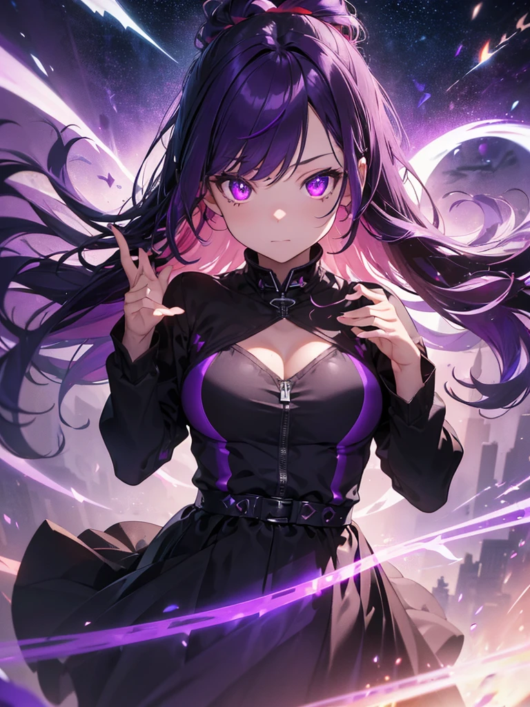 A goddess of dark, (Dark purple hair streaked glowing purple :1.4), (Gradient purple red hair ends:1.6), hair strand, absurdly long straight hair, shiny hair, floating hair, (((Glowing illusion purple eyes))), delicate eyes, aqua eyes, High like real eyes, ((glowing eyes)), makeup, Focus on face, Very detailed facial, sexy and fittness body, Random environment, Random pose, (((Floating in the sky of the city))), (((Floating on the dark clouds))), glowing clothing masterpiece, (((red glowing black armor))), (((Hand holding spinning black hole))), several colored crystal shard beside, purple lights swirl around the body, (((Large colorful glowing magic circle stand upright floating on the back))), full body shot, realism, chiaroscuro, (glowing light), sparkle, ray tracing, cinematic lighting, Futurism, motion blur, Ultra-Wide Angle, god rays, atmospheric perspective, best quality, UHD, super detail, masterpiece, highres, ccurate, retina, textured skin, super detail face, perfect face, Super fine facial details, beautiful and delicate eyes, perfect eyes, anatomically correct, correct limbs, correct figner, super detail figner, best hair quality, best clothing quality, best prop quality, best halo detail and quality, best magic circle detail and quality, complex halo detail,