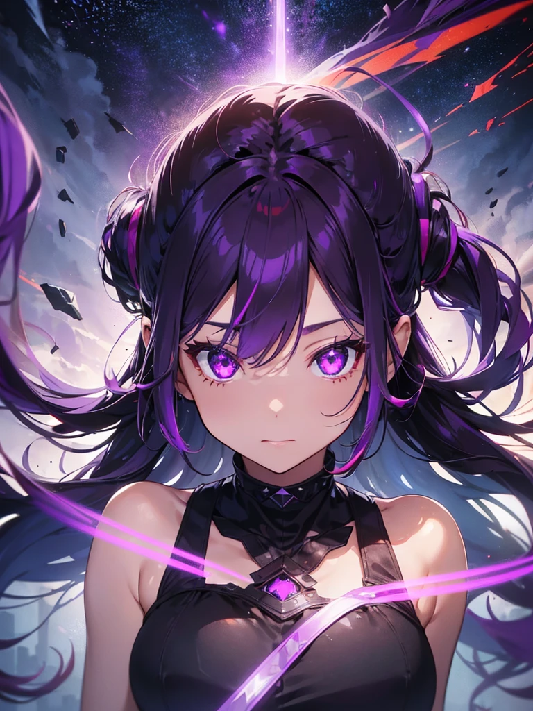16 year old villain girl with long black wavy hair and purple eyes with manipulation powers, crying Boku No Hero Academia 