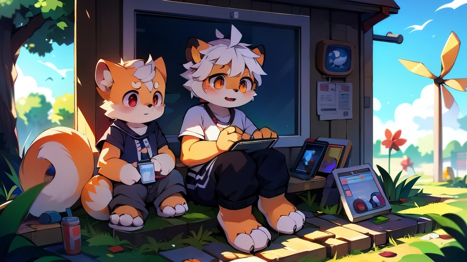 intermittently,masterpiece,High resolution,8K,Detailed background,high quality,intermittently,intermittently,(Light orange fur,white hair,black sclera,hairy的毛皮,Fine hairs)) hairy, shattered, muscular, horny boy, windmill, shorter pants, Swimming pants, abyss,((In the Internet café,sitting,Play)), alone,behave in a spoiled manner,shy blush