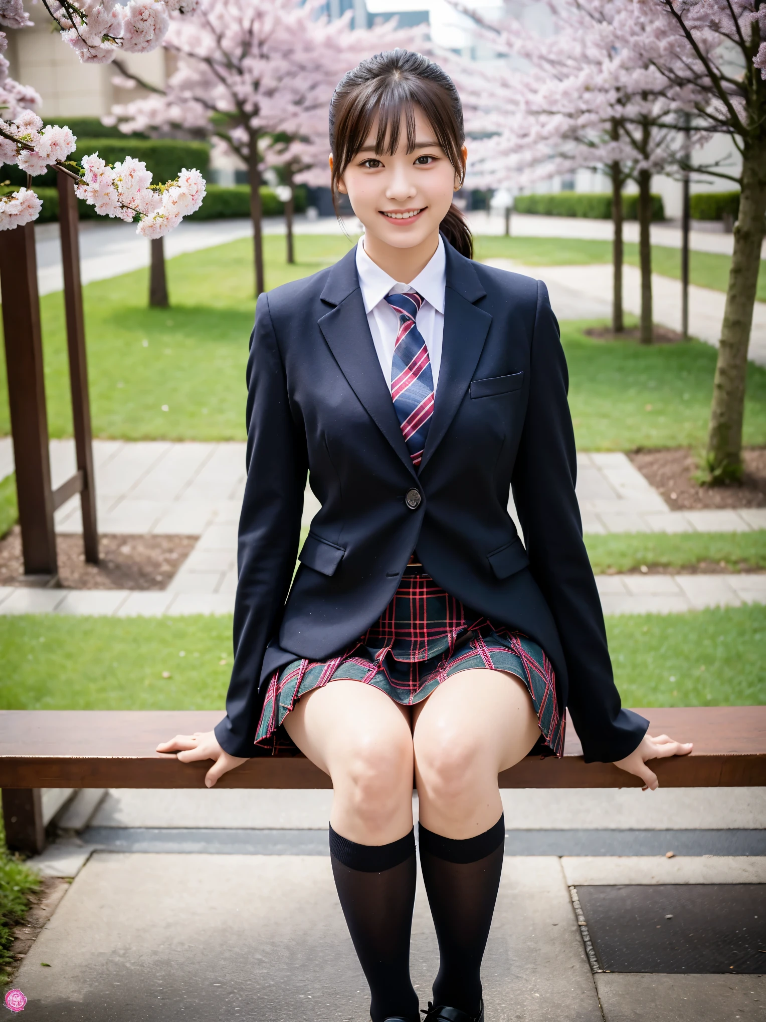 (8K), (highest quality: 1.2), (realistic), (realistic: 1.37), ultra high resolution, (1 girl:1.2), cute, smile, closed mouth, beautiful details, beautiful nose, black hair, ponytail,giant dulcefo, pork, thighs，self snap,cherry blossoms,sunny day,University Student Uniform,simple blazer,pleated skirt,(The pattern of the skirt and tie is a tartan check pattern...:1.3),(sitting:1), (Sit with your ass on the ground:1),(Place your hands on your knees:1),opaque tights,from the front