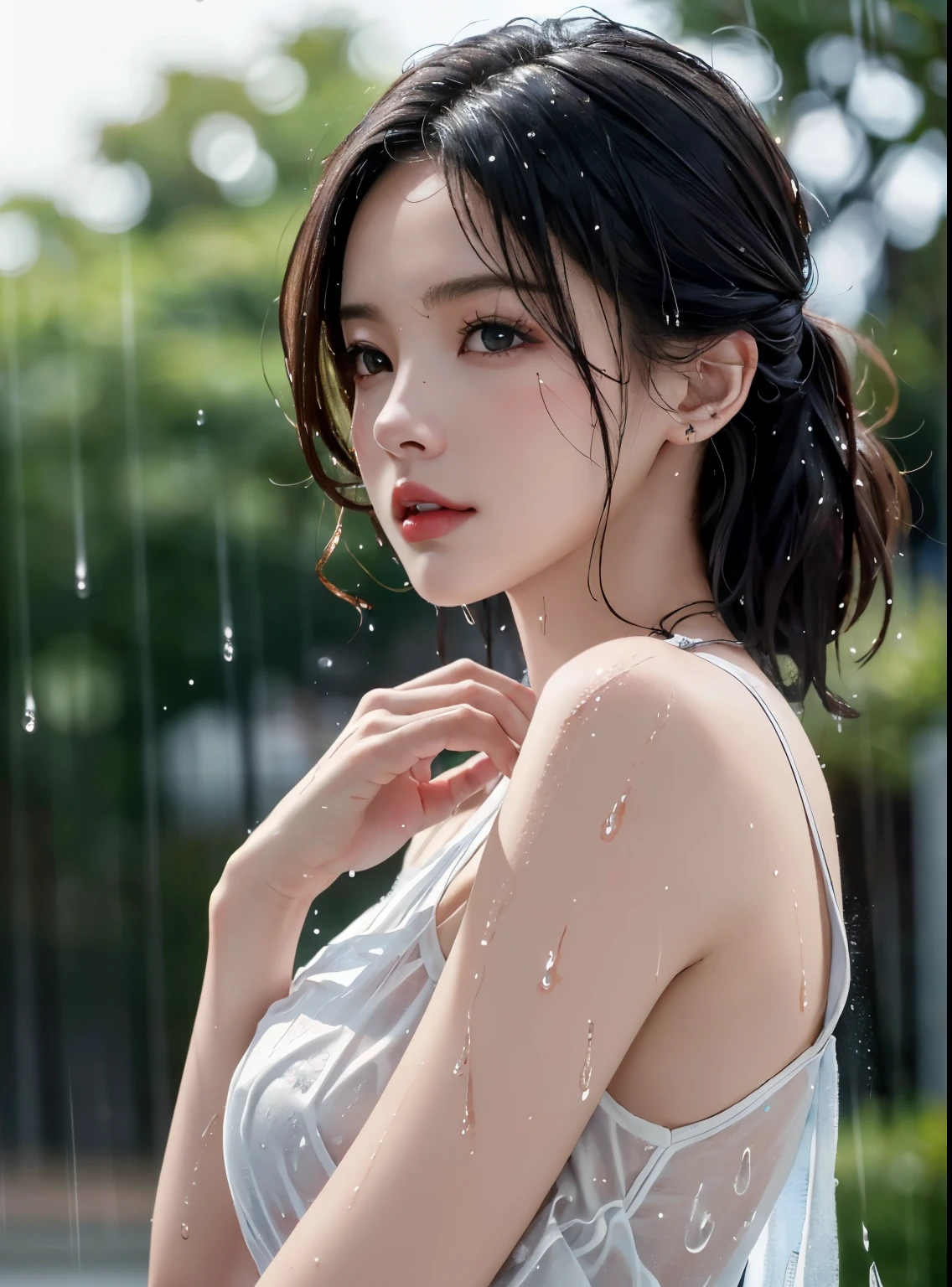 (black eyes),
(masterpiece, best quality:1.4),(photorealistic:1.4)(realistic, photo-realistic:1.4),,8k UHD,ultra high res,RAW,HDR,,raining,wet hair,wet clothes