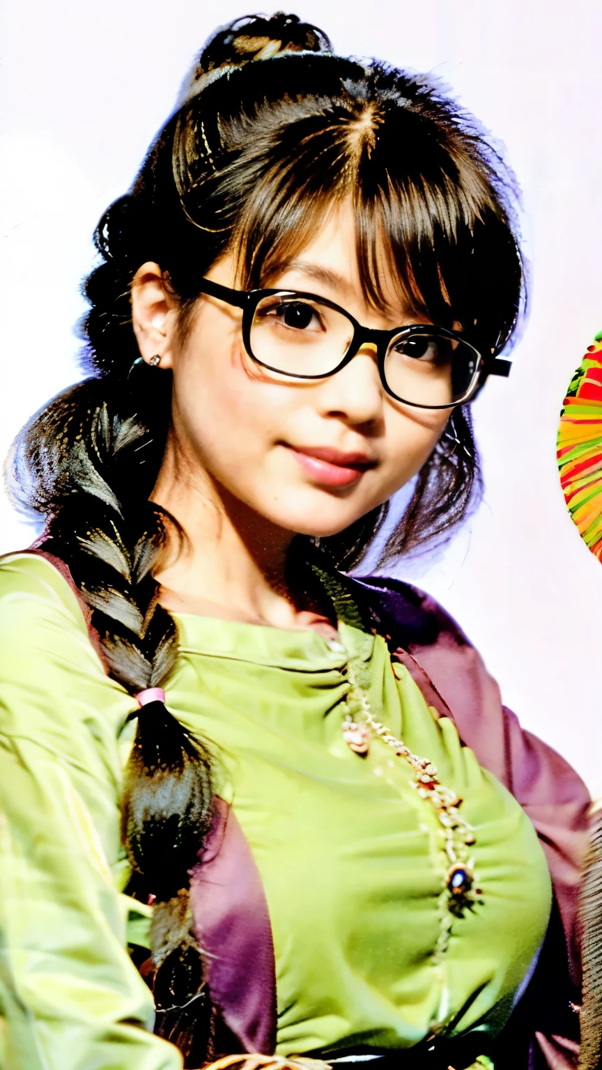 best image quality、136), (chesty:1.46), (l boobs ipst boobs ,Round glass、With a round face、Tanuki face、Braid、With a round face、Funny woman with round glass pigtails、30 years old、bbw、With a round faceの美しさ、clear eyes、With a round face、long eyelashes、(wearing glasses,round glasses、Round glassBraid、With a round face、black spot between eyebrows、w ideas,Atol Oppa Library), (beautiful flower 、
