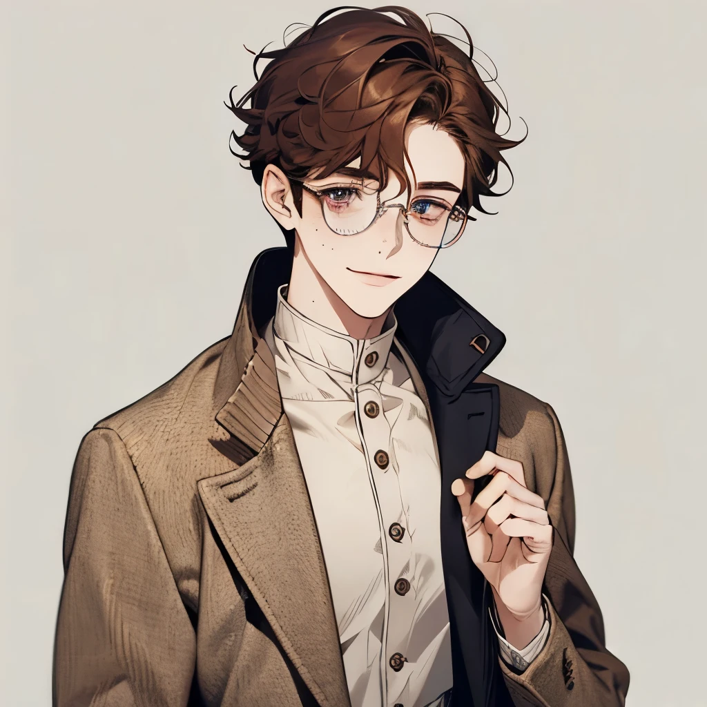 Young male, freckles, round glasses, innocent, smile, brown hair, dark eyes, pale skin, curly hair, childish, cute boy