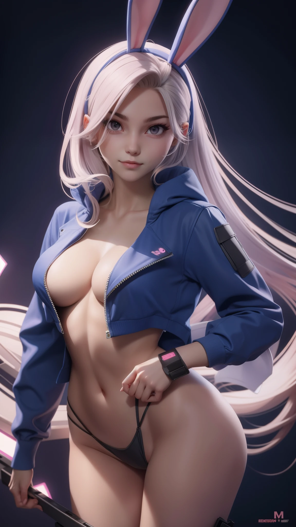 cute bunny hacker, intense hack, seductive, thong, topless, exposed chest, perfect medium breasts