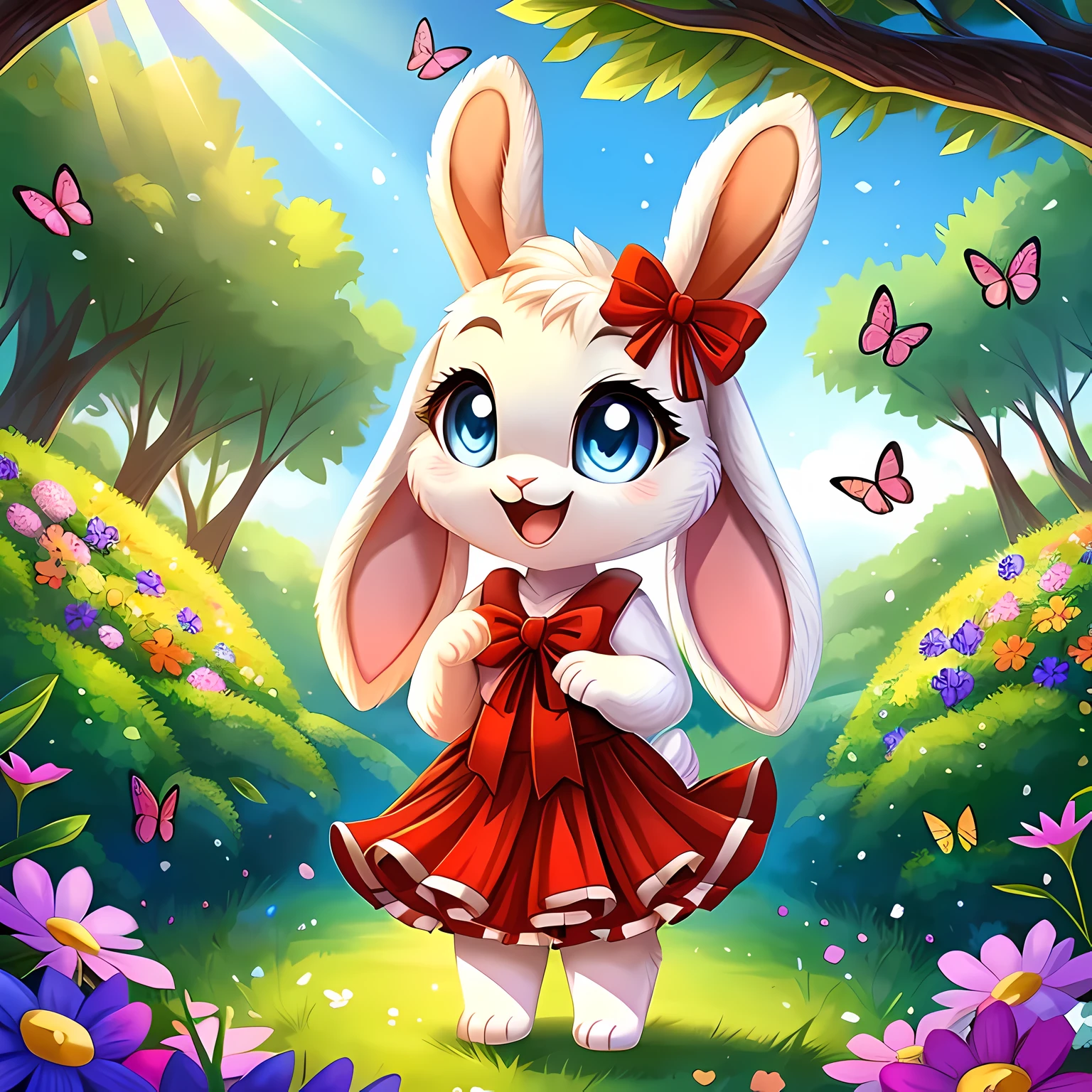 zoomed out image, ((solo character)), cute style art, fantasy style art, cute, adorable, short character, small, tiny little fluffy female white bunny with blue eyes, 4 ears, 2 extra ears, big floppy ears, long ears, ears perked up, raised ears, long eyelashes, poofy rabbit tail, wearing a red frilly ribbon dress, smiling, standing in a colorful fantasy forest, soft tones, big expressive smile, open mouth, wide eyes, excited eyes, excited face, stunning visuals, sunlight coming through the trees, flowers scattered in the bushes, butterflies in the air, digital illustration