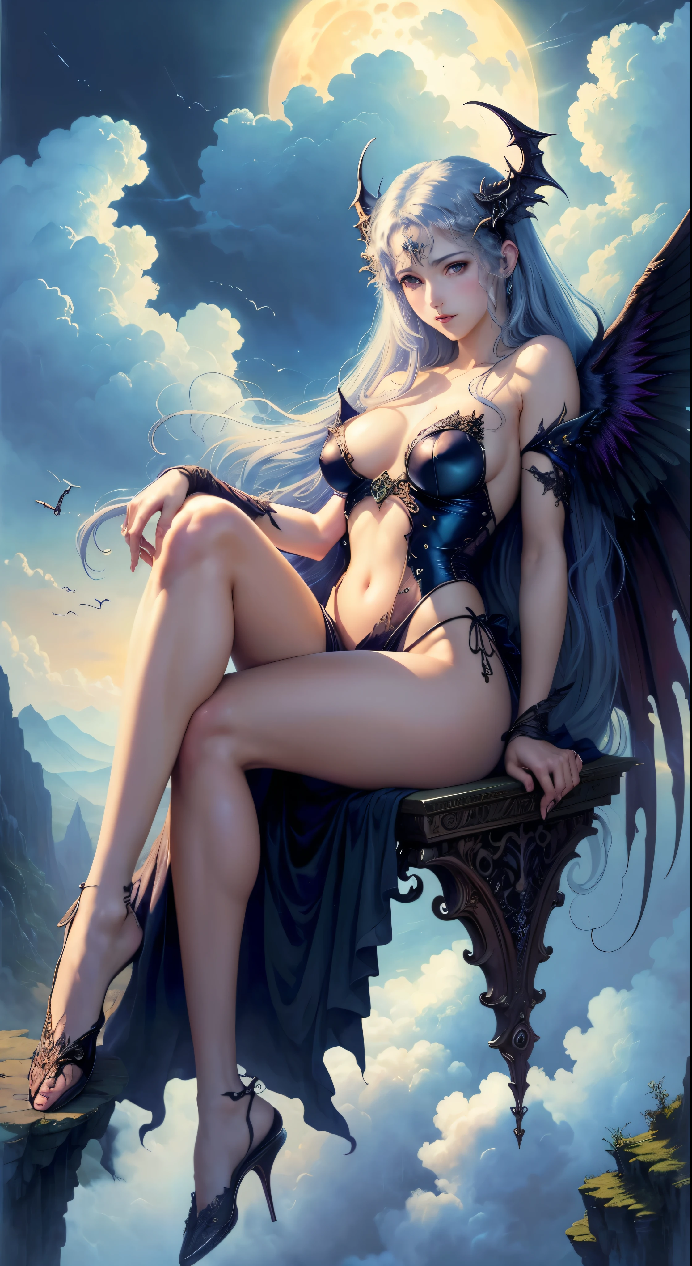 ((highest quality)), ((masterpiece)), (be familiar with), charming succubus, mysterious beauty, perched above the clouds, (fantasy illustration:1.3), captivating gaze, seductive pose, delicate wings, Otherworldly charm, mysterious sky, (Luis Royo:1.2), (Yoshitaka Amano:1.1), Moonlight night, soft colors, (be familiar with cloudscape:1.3), (High resolution:1.2)